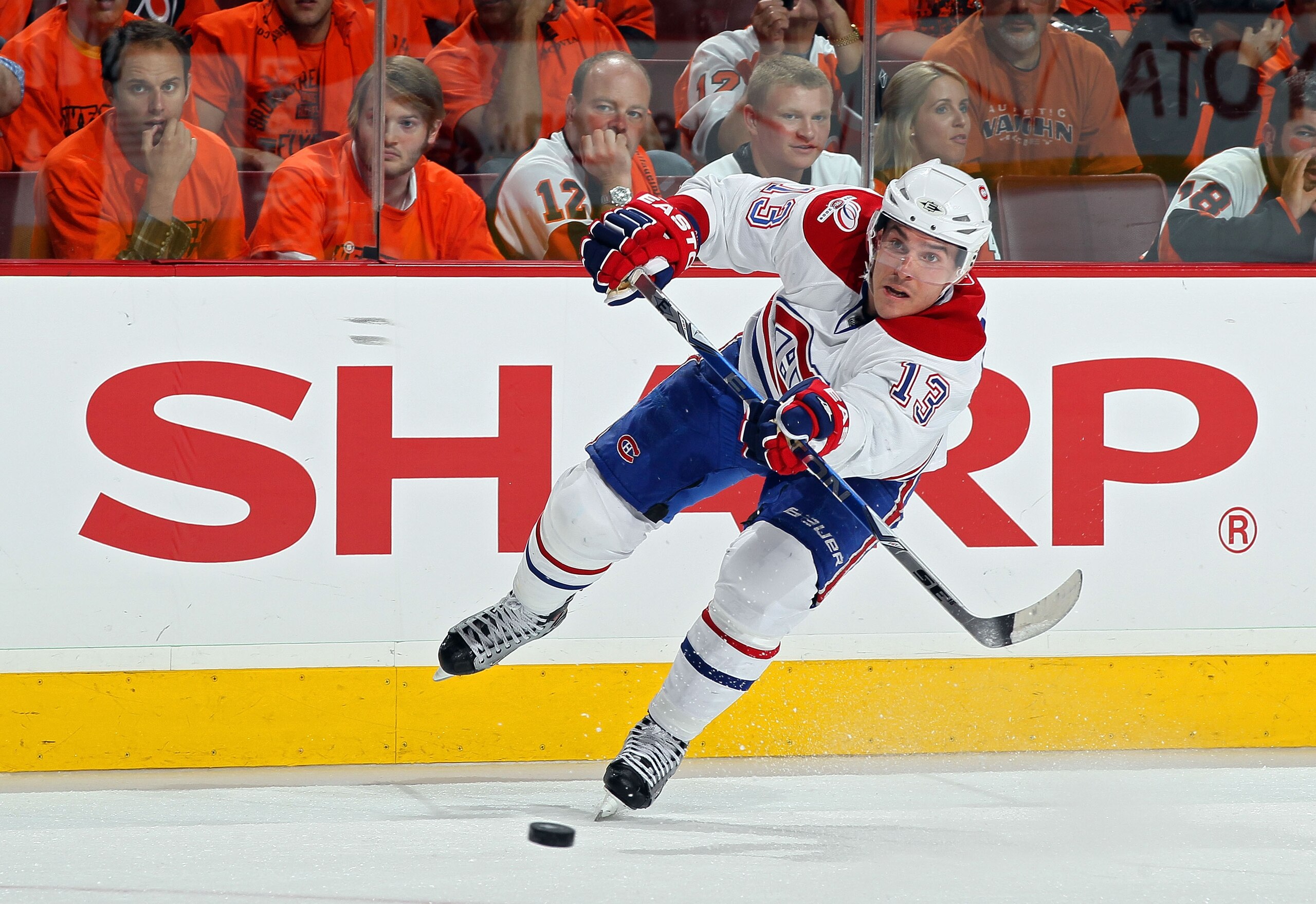 PHILADELPHIA - MAY 24:  Mike Cammalleri #13 of the Montreal Canadiens handles the puck against the Philadelphia Flyers in Game 5 of the Eastern Conference Finals during the 2010 NHL Stanley Cup Playoffs at Wachovia Center on May 24, 2010 in Philadelphia,