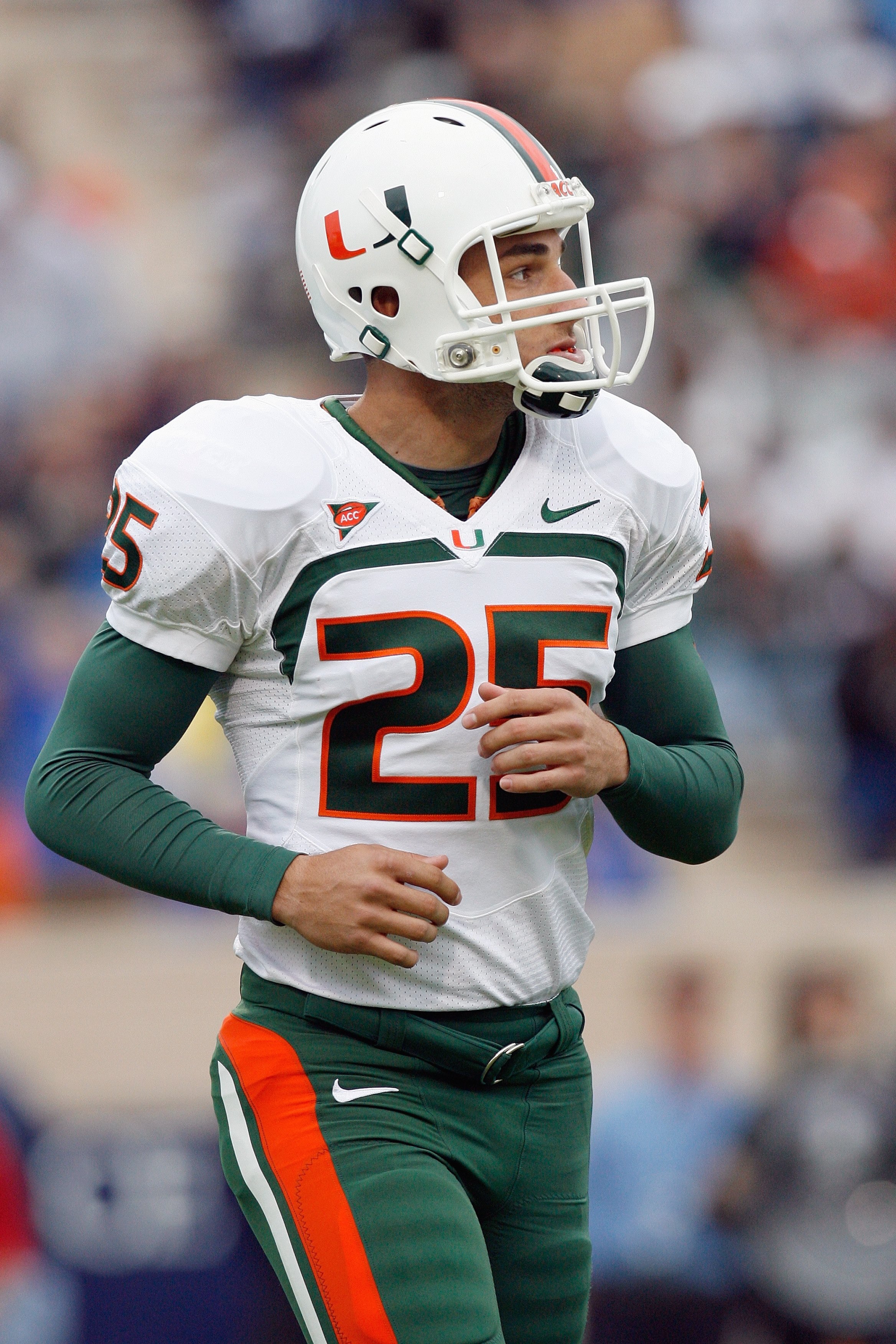 DURHAM, NC - OCTOBER 18:  Matt Bosher #25 of the Miami Hurricanes looks on the field during the game against the Duke Blue Devils at Wallace Wade Stadium on October 18, 2008 in Durham, North Carolina.  (Photo by Kevin C. Cox/Getty Images)