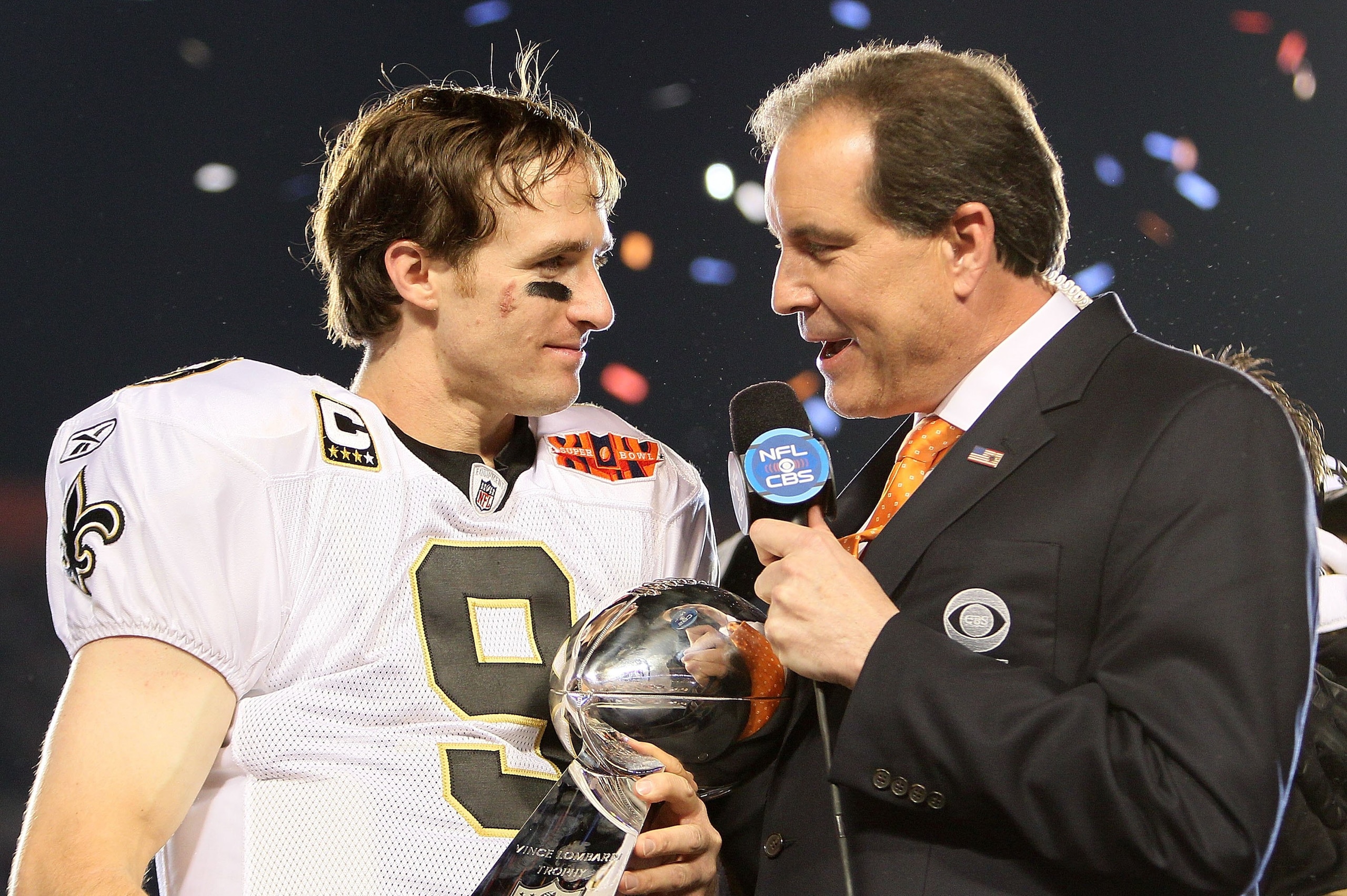 MIAMI GARDENS, FL - FEBRUARY 07:  Quarterback Drew Brees #9 of the New Orleans Saints is interviewed by CBS announcer Jim Nantz after the Saints defeated the Indianapolis Colts during Super Bowl XLIV on February 7, 2010 at Sun Life Stadium in Miami Garden