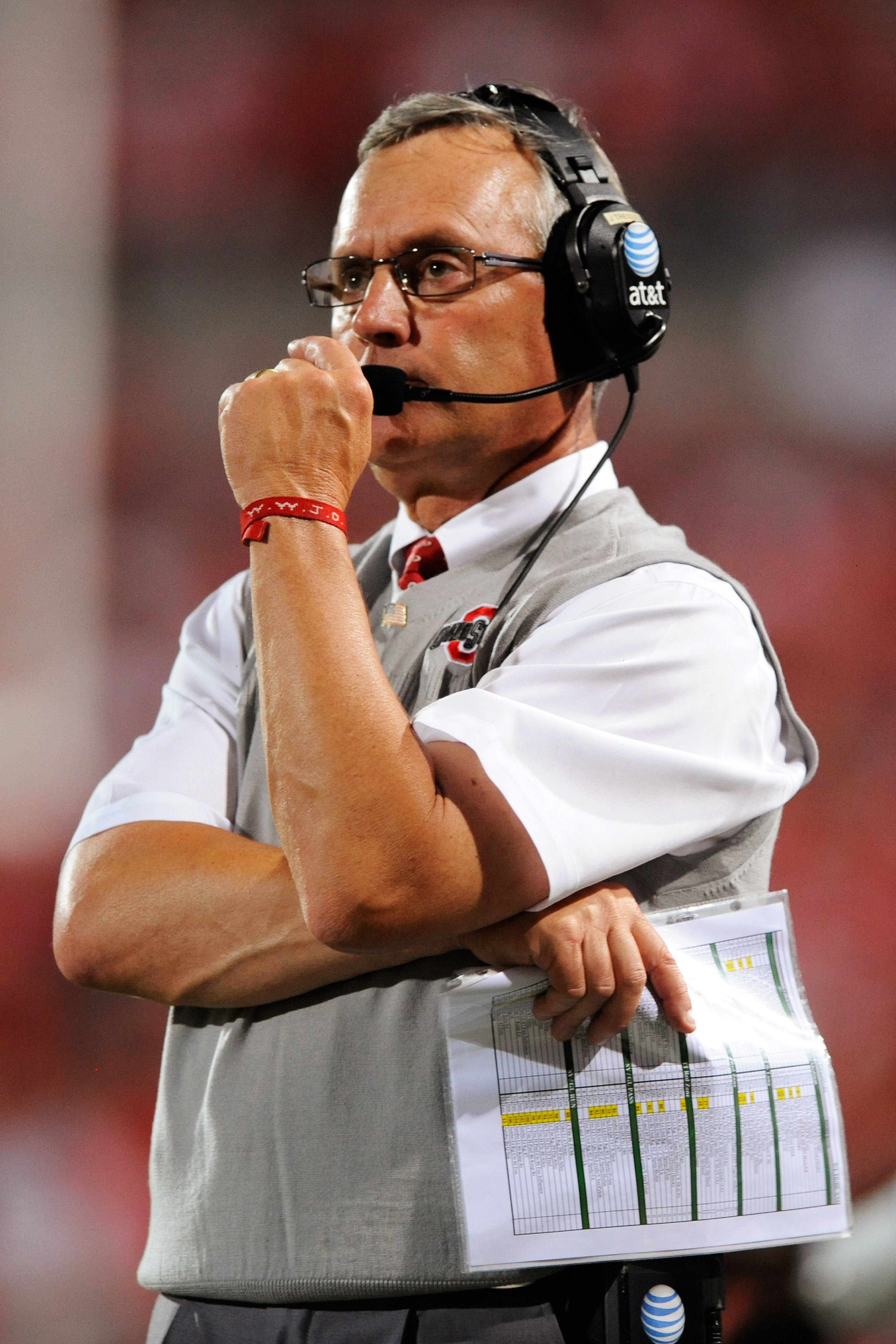 COLUMBUS, OH - SEPTEMBER 2:  Head Coach Jim Tressel of the Ohio State Buckeyes watches his team play the Marshall Thundering Herd at Ohio Stadium on September 2, 2010 in Columbus, Ohio.  (Photo by Jamie Sabau/Getty Images)