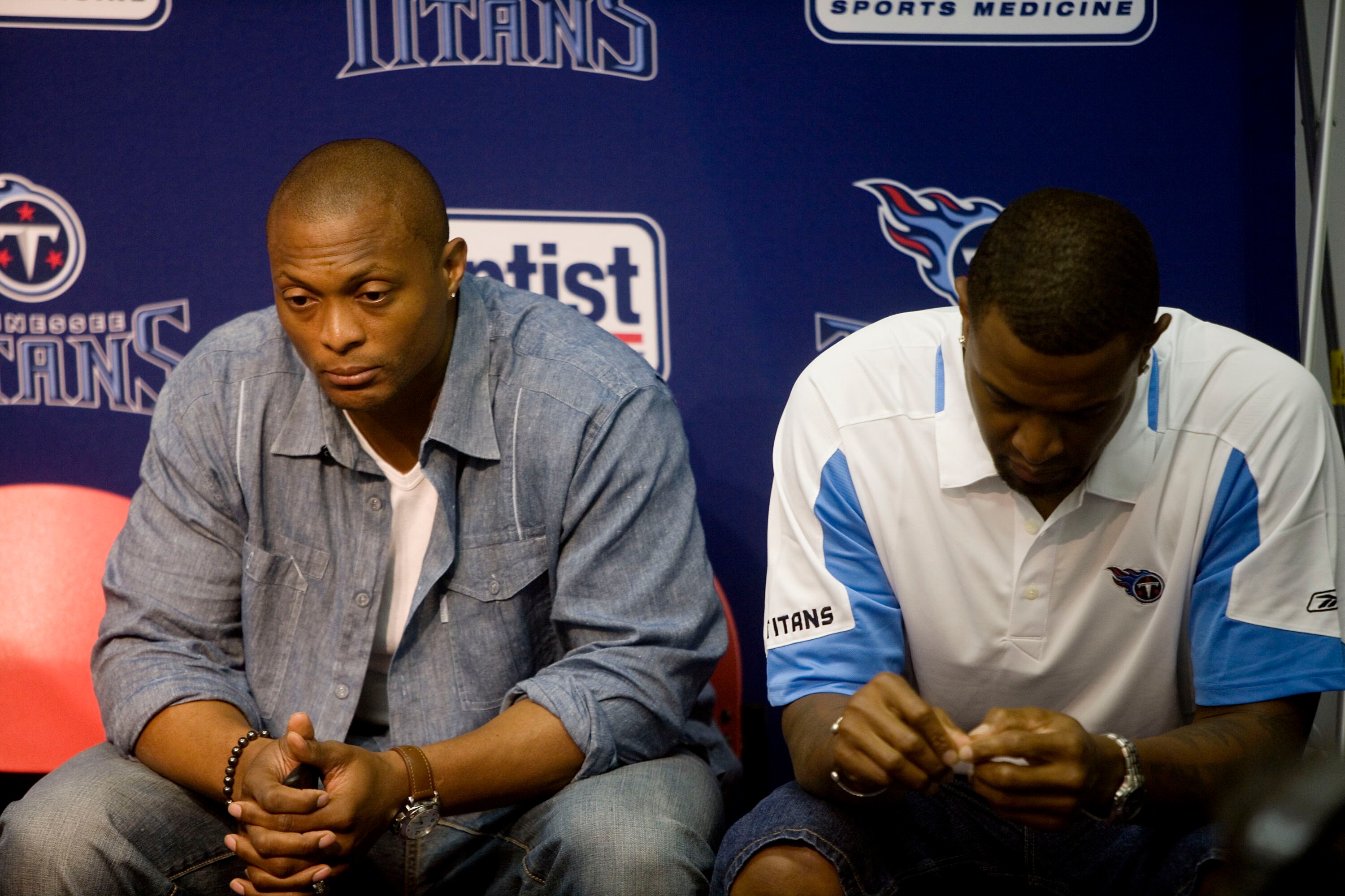 NASHVILLE, TN - JULY 6: Former Tennessee Titans players Eddie George (L) and Brad Hopkins attend a press conference in reaction to the death of former Titan star quarterback Steve McNair July 6, 2009 in Nashville, Tennessee.  McNair was found shot to deat
