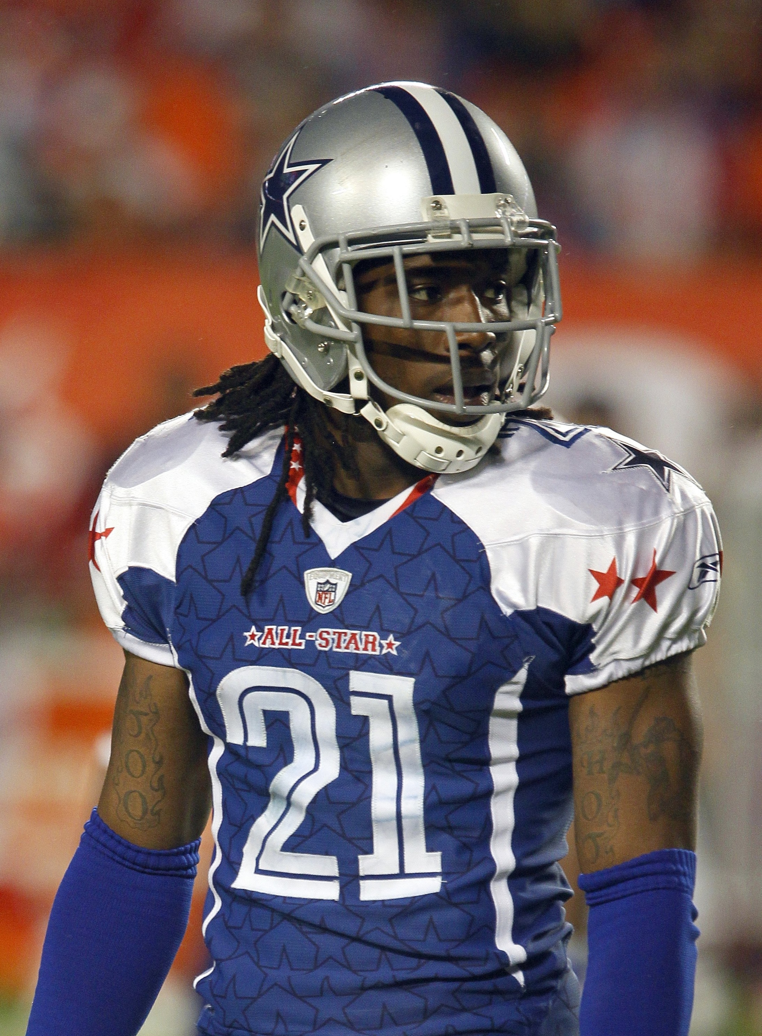MIAMI GARDENS, FL - JANUARY 31:  Mike Jenkins #21 of the NFC's Dallas Cowboys looks on during the 2010 AFC-NFC Pro Bowl game at Sun Life Stadium on January 31, 2010 in Miami Gardens, Florida. The AFC defeated the NFC 41-34. (Photo by Scott Halleran/Getty