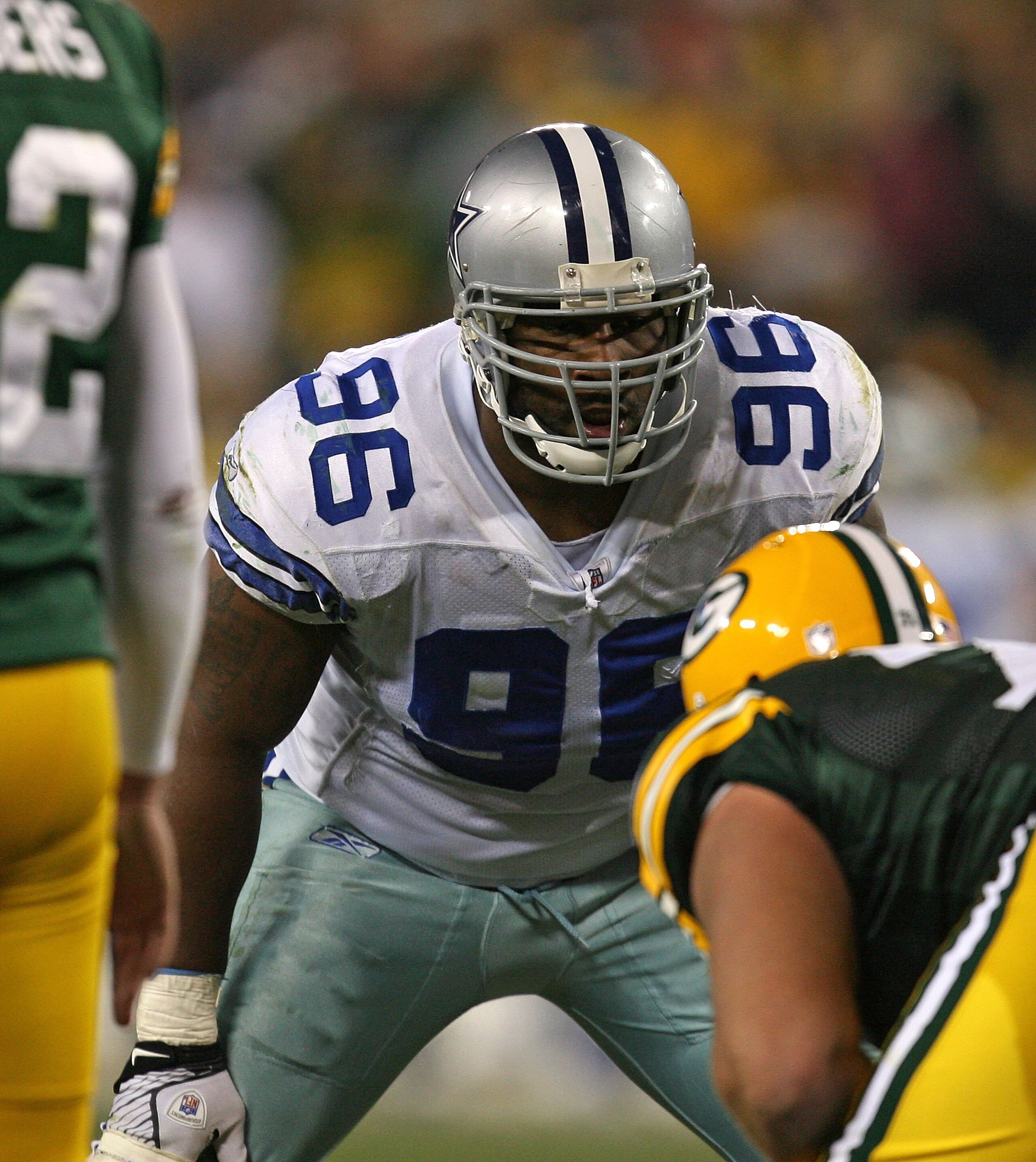 GREEN BAY, WI - NOVEMBER 15: Marcus Spears #96 of the Dallas Cowboys awaits the snap against the Green Bay Packers at Lambeau Field on November 15, 2009 in Green Bay, Wisconsin. The Packers defeated the Cowboys 17-7. (Photo by Jonathan Daniel/Getty Images