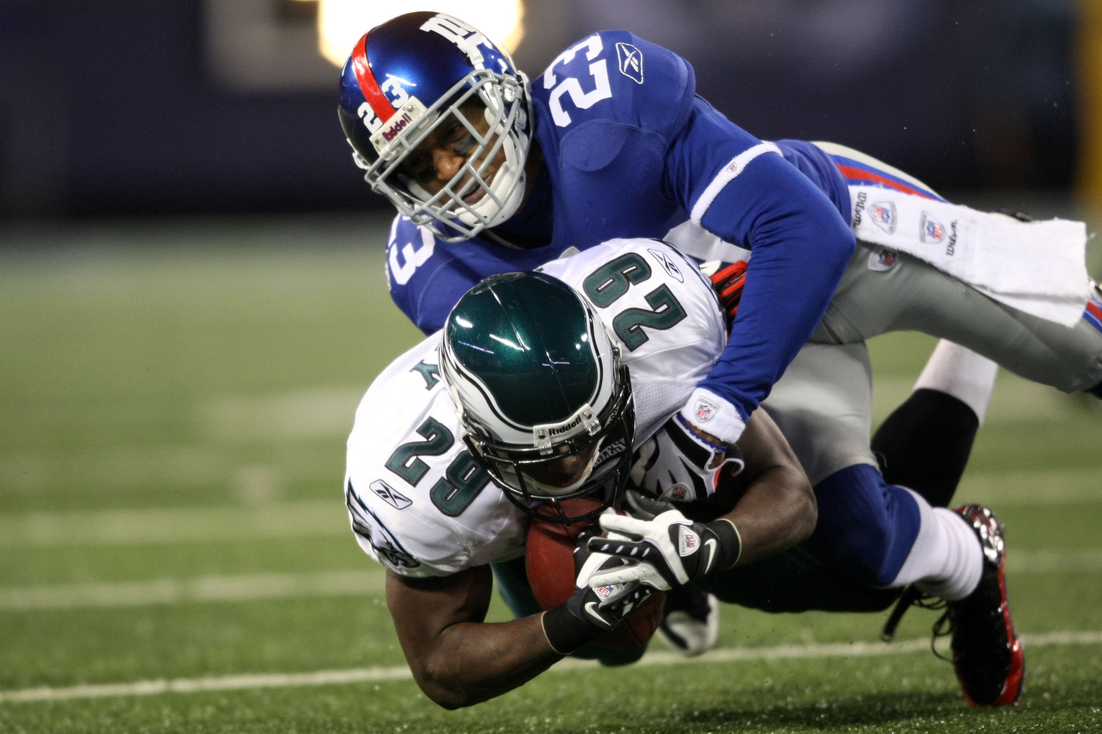 EAST RUTHERFORD, NJ - DECEMBER 13: LeSean McCoy #29 of the Philadelphia Eagles is tackled by Corey Webster #23 of the New York Giants at Giants Stadium on December 13, 2009 in East Rutherford, New Jersey. (Photo by Nick Laham/Getty Images) EAST RUTHERFORD, NJ - DECEMBER 13: LeSean McCoy #29 of the Philadelphia Eagles is tackled by Corey Webster #23 of the New York Giants at Giants Stadium on December 13, 2009 in East Rutherford, New Jersey. (Photo by Nick Laham/Getty Images)