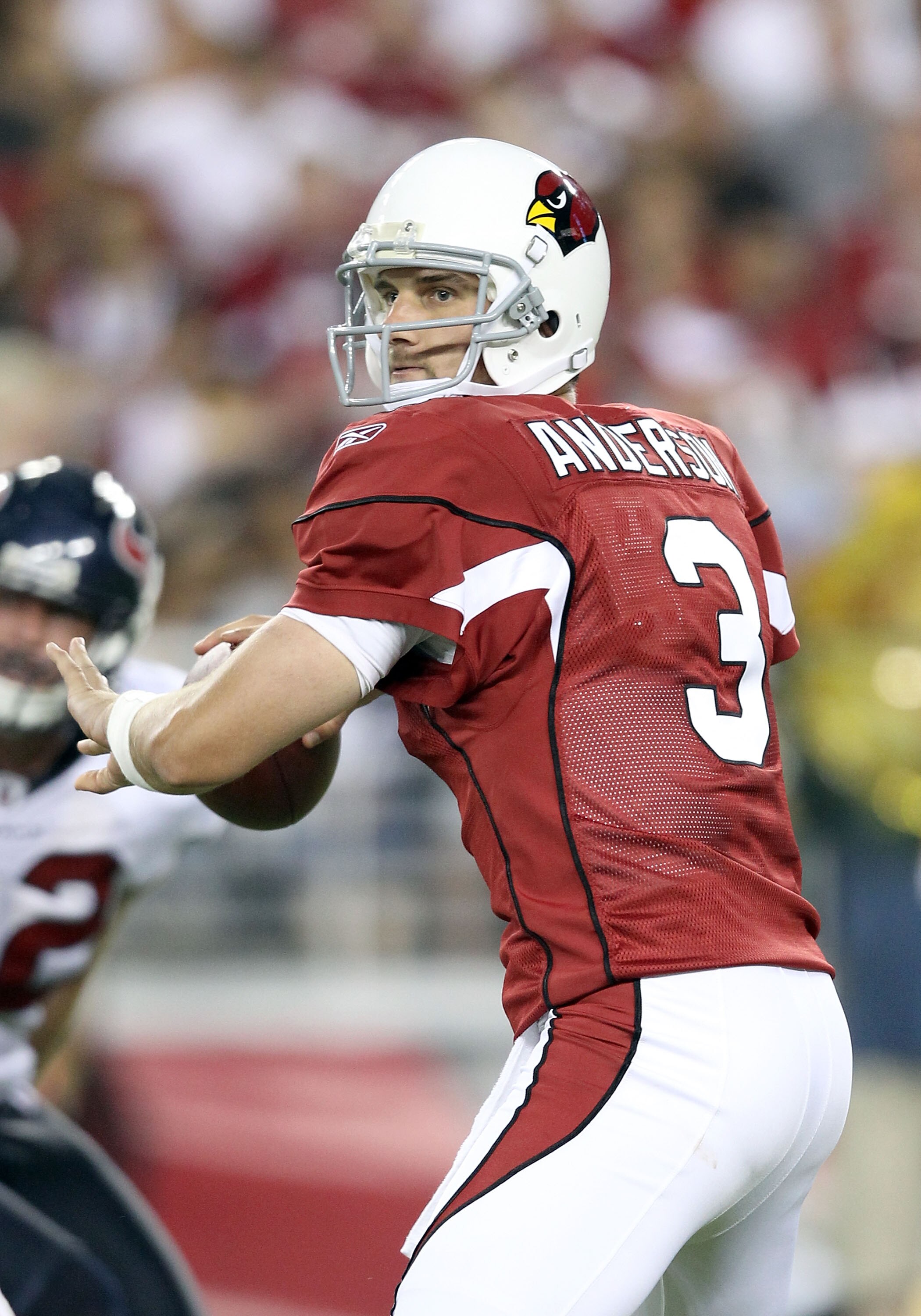 GLENDALE, AZ - AUGUST 14:  Quarterback Derek Anderson #3 of the Arizona Cardinals drops back to pass during preseason NFL game against the Houston Texans at the University of Phoenix Stadium on August 14, 2010 in Glendale, Arizona.  The Cardinals defeated
