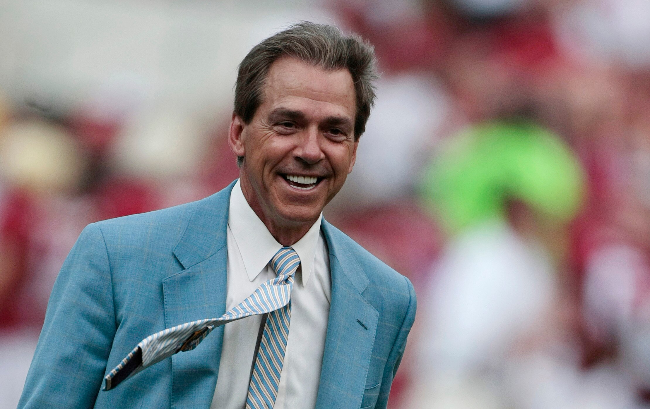 TUSCALOOSA, AL - APRIL 17: Coach Nick Saban of the Alabama Crimson Tide reacts during the Alabama spring game at Bryant Denny Stadium on April 17, 2010 in Tuscaloosa, Alabama. (Photo by Dave Martin/Getty Images)