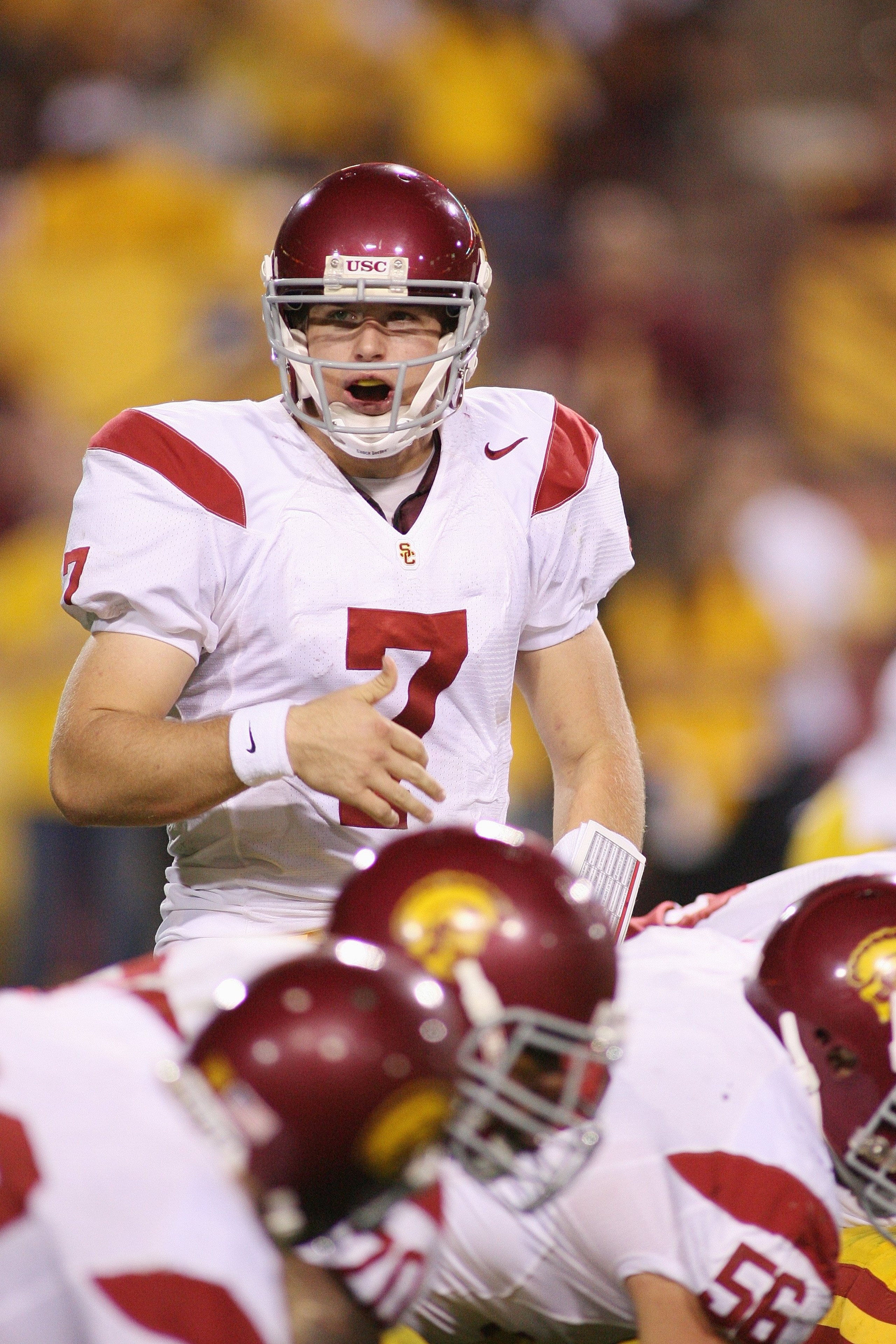 TEMPE, AZ - NOVEMBER 7:  Quarterback Matt Barkley #7 of the USC Trojans calls out a play at the line of scrimmage against the Arizona State Sun Devils on November 7, 2009 at Sun Devil Stadium in Tempe, Arizona.  USC won 14-9.  (Photo by Jeff Golden/Getty 