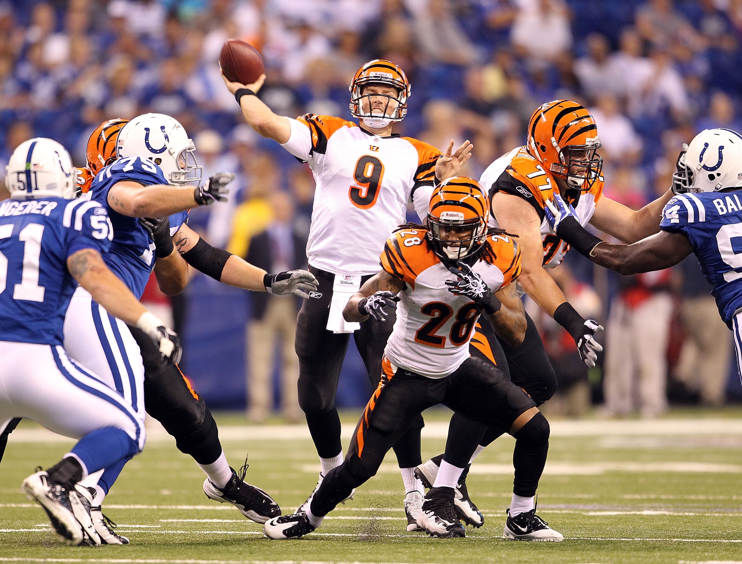 INDIANAPOLIS - SEPTEMBER 02:  Carson Palmer #9  of the Cincinnati Bengals throws a pass during the NFL preseason game against the Indianapolis Colts at Lucas Oil Stadium on September 2, 2010 in Indianapolis, Indiana.  (Photo by Andy Lyons/Getty Images)