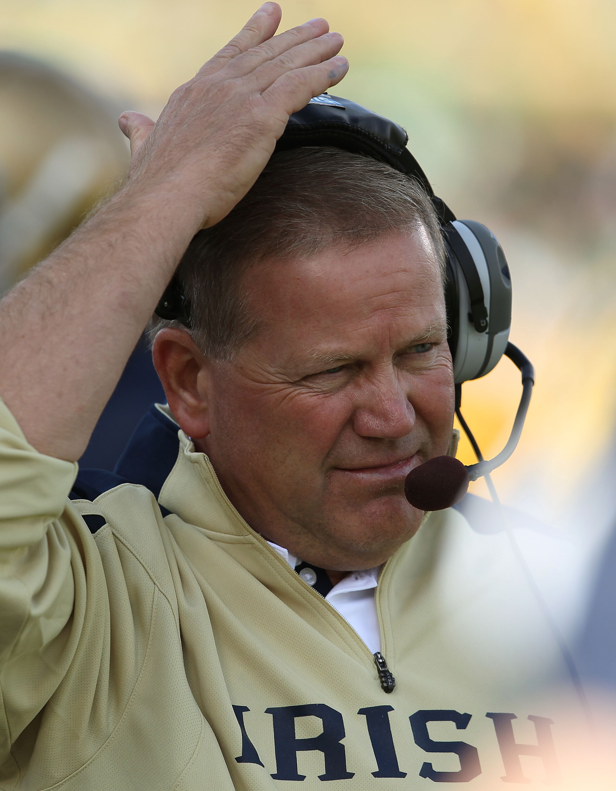 SOUTH BEND, IN - SEPTEMBER 04: Head coach Brian Kelly of the Notre Dame Fighting Irish watches as his team takes on the Purdue Boilermakers at Notre Dame Stadium on September 4, 2010 in South Bend, Indiana. Notre Dame defeated Purdue 23-12. (Photo by Jona