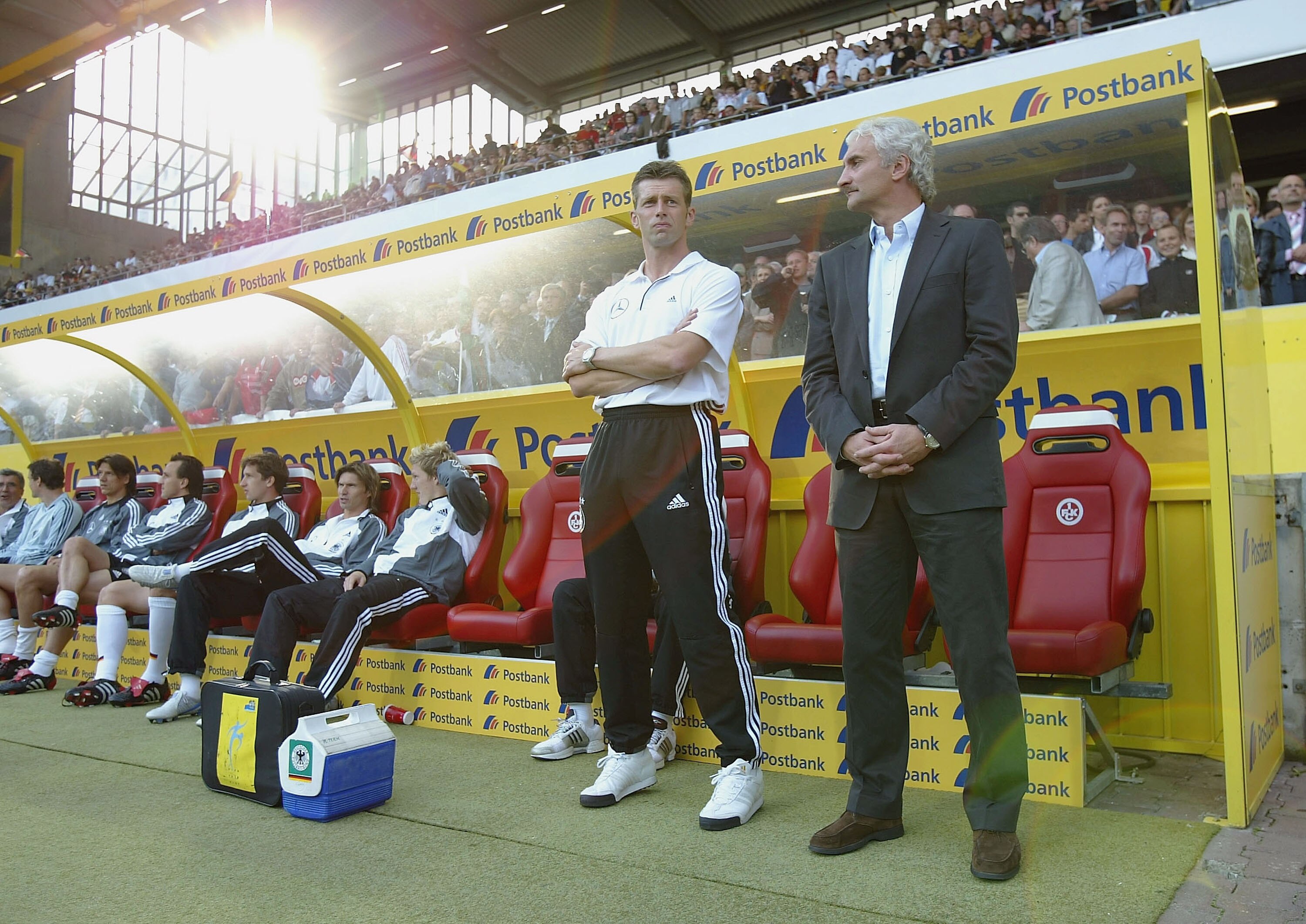 KAISERLAUTERN, GERMANY - JUNE 6:  Trainer Michael Skibbe and Coach Rudi Voller of Germany before during the International Friendly match between Germany and Hungary at The Fritz-Walter Stadium on June 6, 2004 in Kaiserlautern, Germany.  (Photo by Stuart F