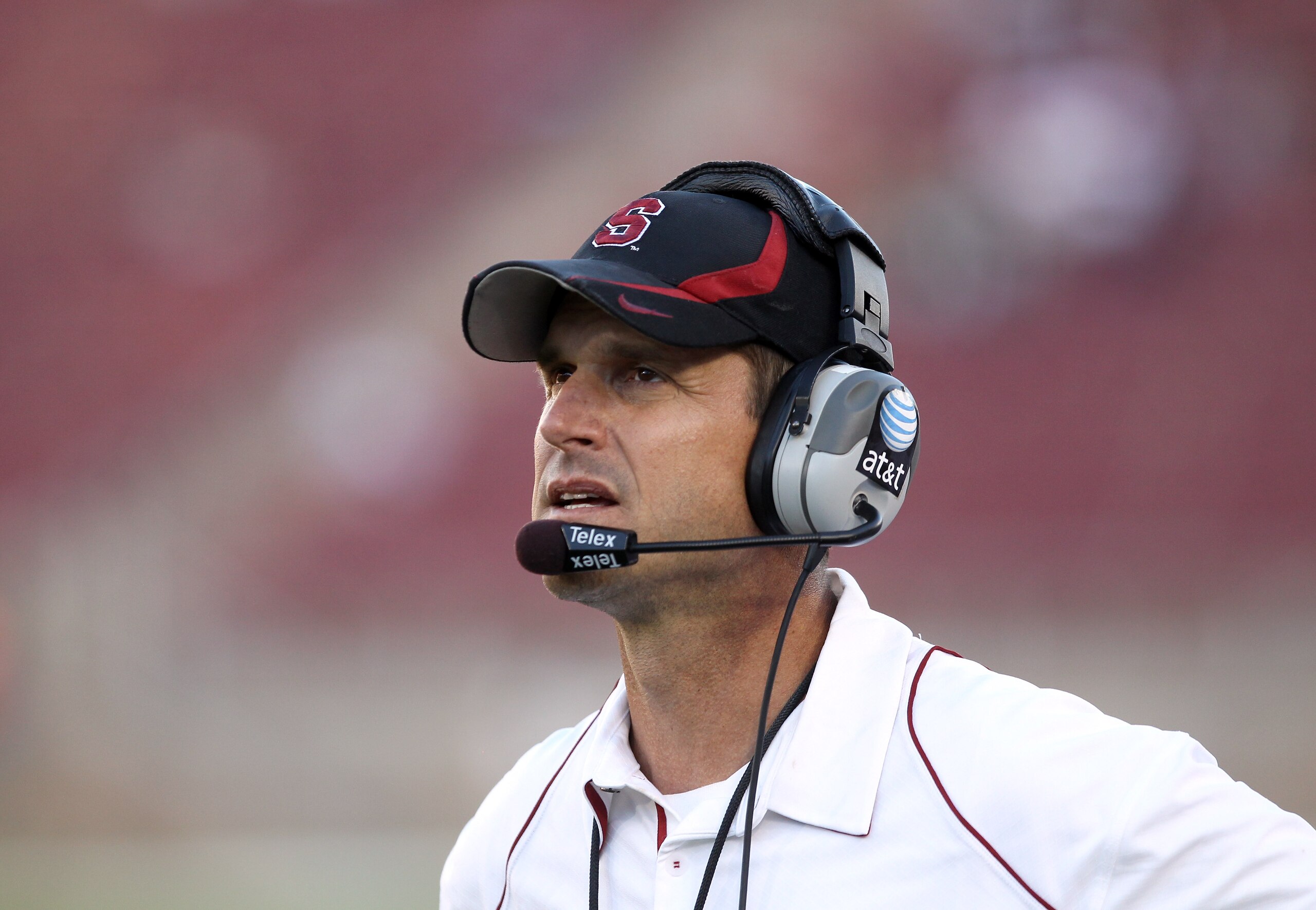PALO ALTO, CA - SEPTEMBER 04:  Head coach Jim Harbaugh of the Stanford Cardinal watches his team play against the Sacramento State Hornets at Stanford Stadium on September 4, 2010 in Palo Alto, California.  (Photo by Ezra Shaw/Getty Images)