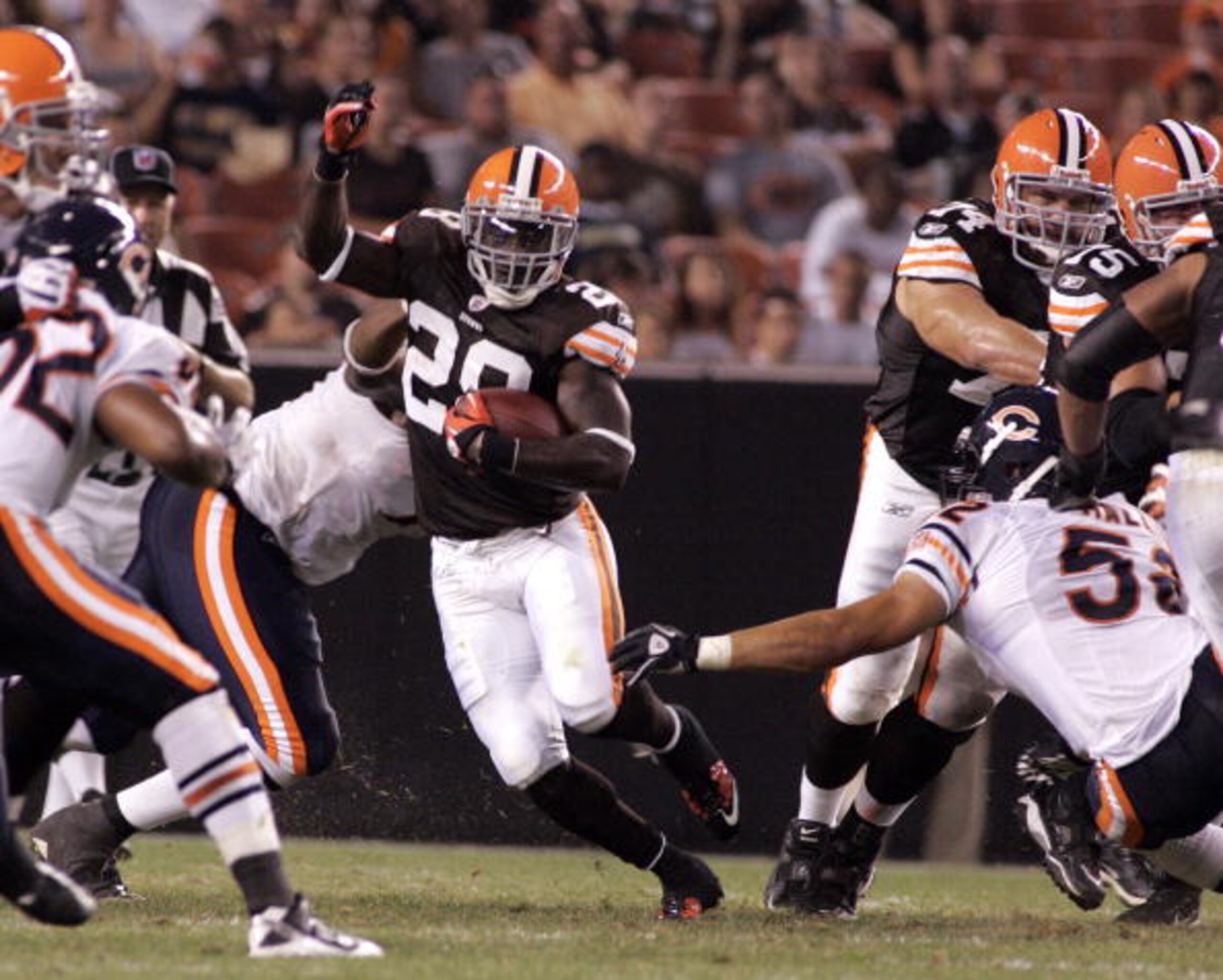 CLEVELAND - SEPTEMBER 2: James Davis #28 of the Cleveland Browns makes a cut up field against the Chicago Bears during the preseason game on September 2, 2010 at Cleveland Browns Stadium in Cleveland, Ohio. The Browns defeated the Bears 13-10. (Photo by J
