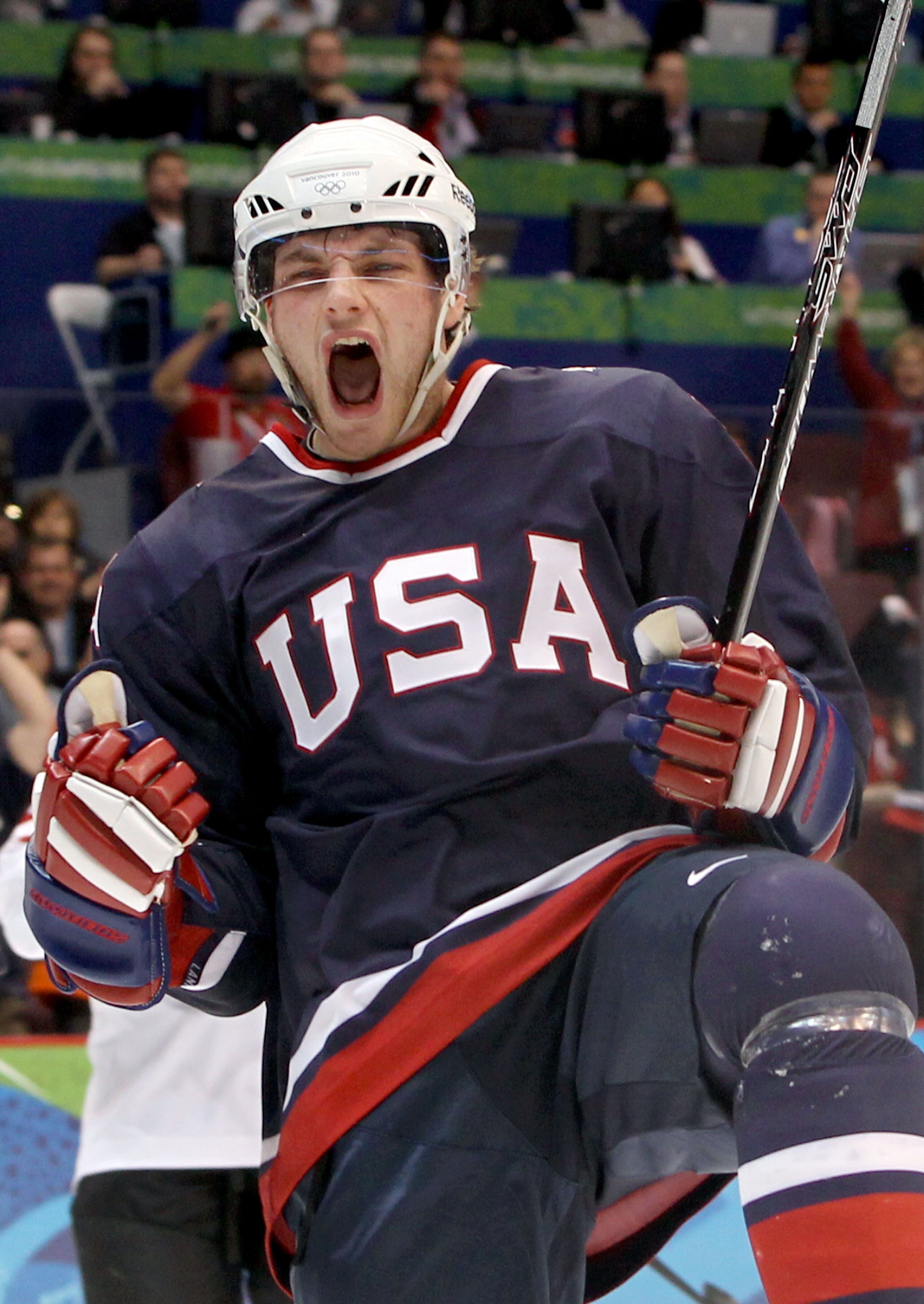 VANCOUVER, BC - FEBRUARY 16:  Bobby Ryan of The United States celebrates after he scored the first goal during the ice hockey men's preliminary game between USA and Switzerland on day 5 of the Vancouver 2010 Winter Olympics at Canada Hockey Place on Febru