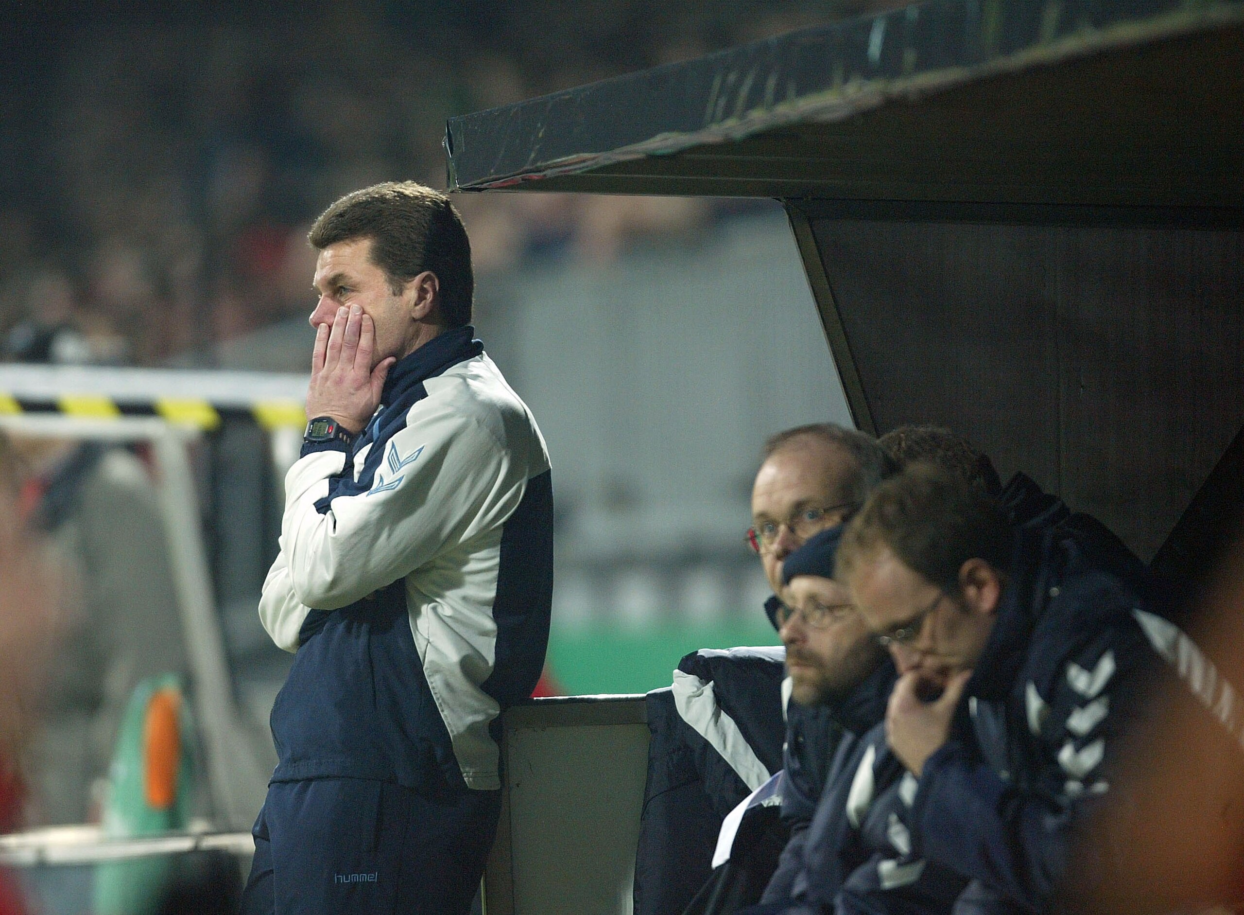 BREMEN, GERMANY - MARCH 16:  Dieter Hecking, Trainer of Lubeck during The DFB Pokal semi final match between Werder Bremen and VfB Lubeck at The Weser Stadium on March 16, 2004 in Bremen, Germany.  (Photo by Stuart Franklin/Getty Images)