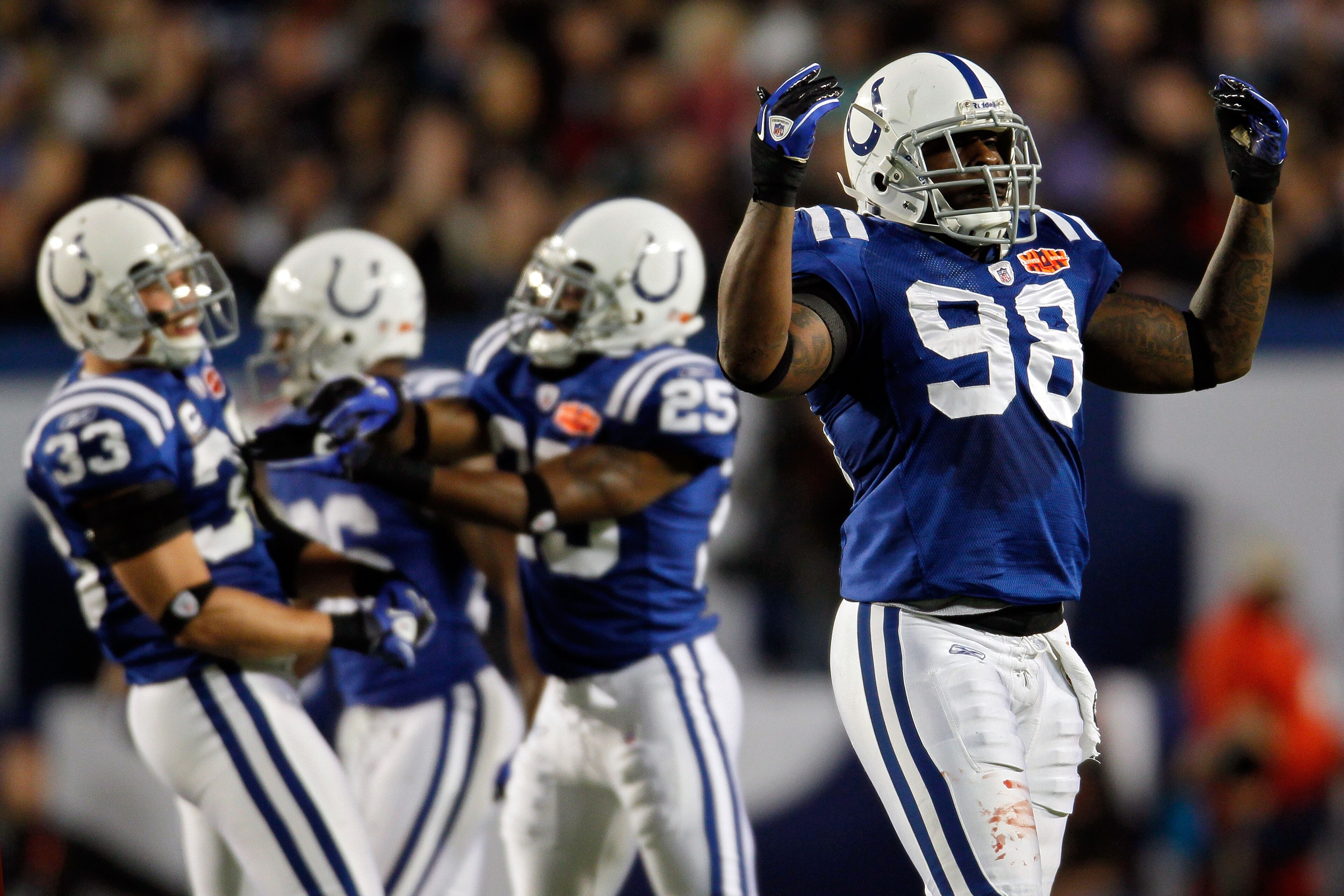 MIAMI GARDENS, FL - FEBRUARY 07: Robert Mathis #98 of the Indianapolis Colts reacts after a play against the New Orleans Saints during Super Bowl XLIV on February 7, 2010 at Sun Life Stadium in Miami Gardens, Florida. (Photo by Donald Miralle/Getty Image MIAMI GARDENS, FL - FEBRUARY 07: Robert Mathis #98 of the Indianapolis Colts reacts after a play against the New Orleans Saints during Super Bowl XLIV on February 7, 2010 at Sun Life Stadium in Miami Gardens, Florida. (Photo by Donald Miralle/Getty Image