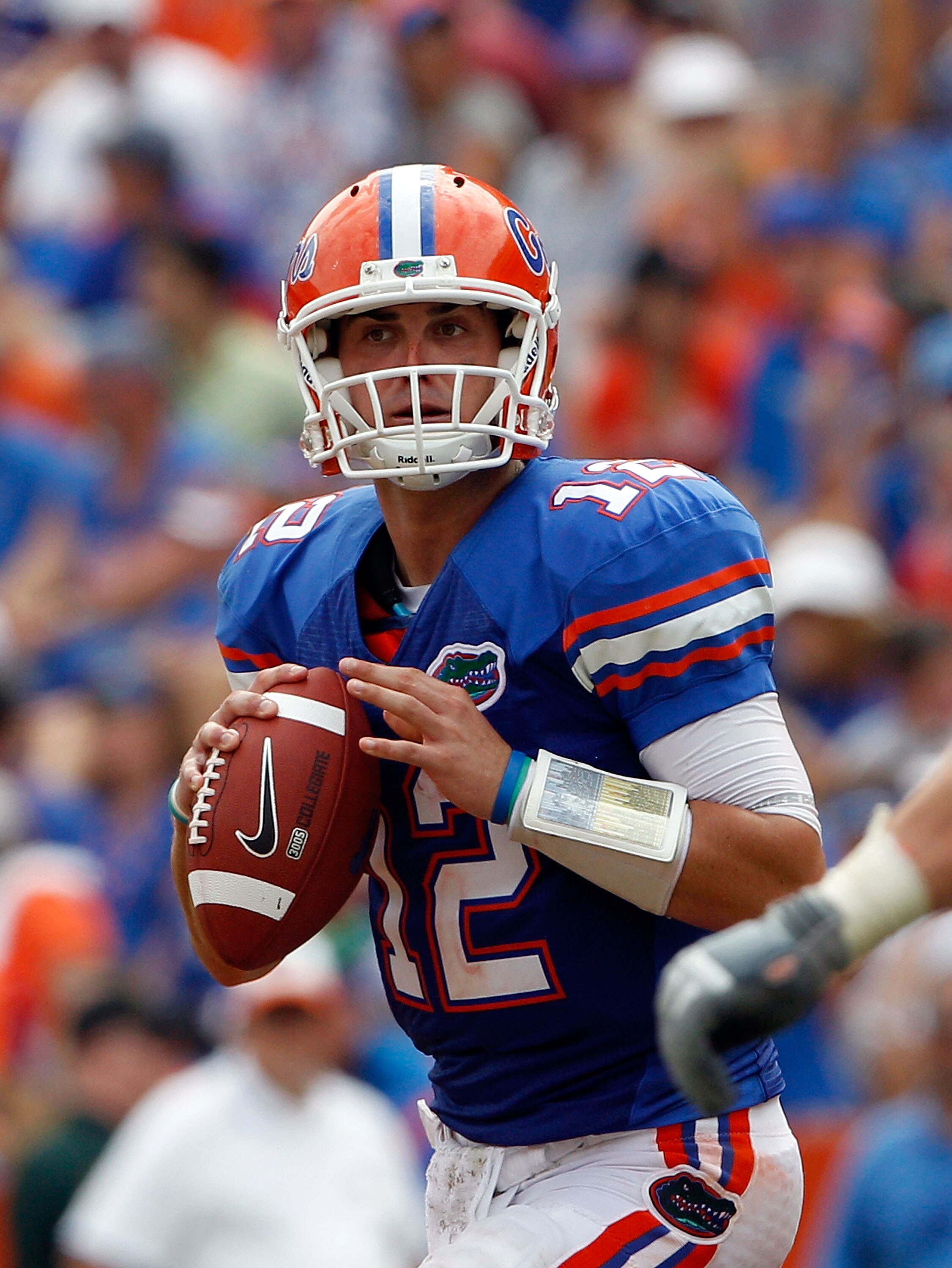 GAINESVILLE, FL - SEPTEMBER 04:  Quarterback John Brantley #12 of the Florida Gators attempts a pass against the Miami University RedHawks at Ben Hill Griffin Stadium on September 4, 2010 in Gainesville, Florida.  (Photo by Sam Greenwood/Getty Images)