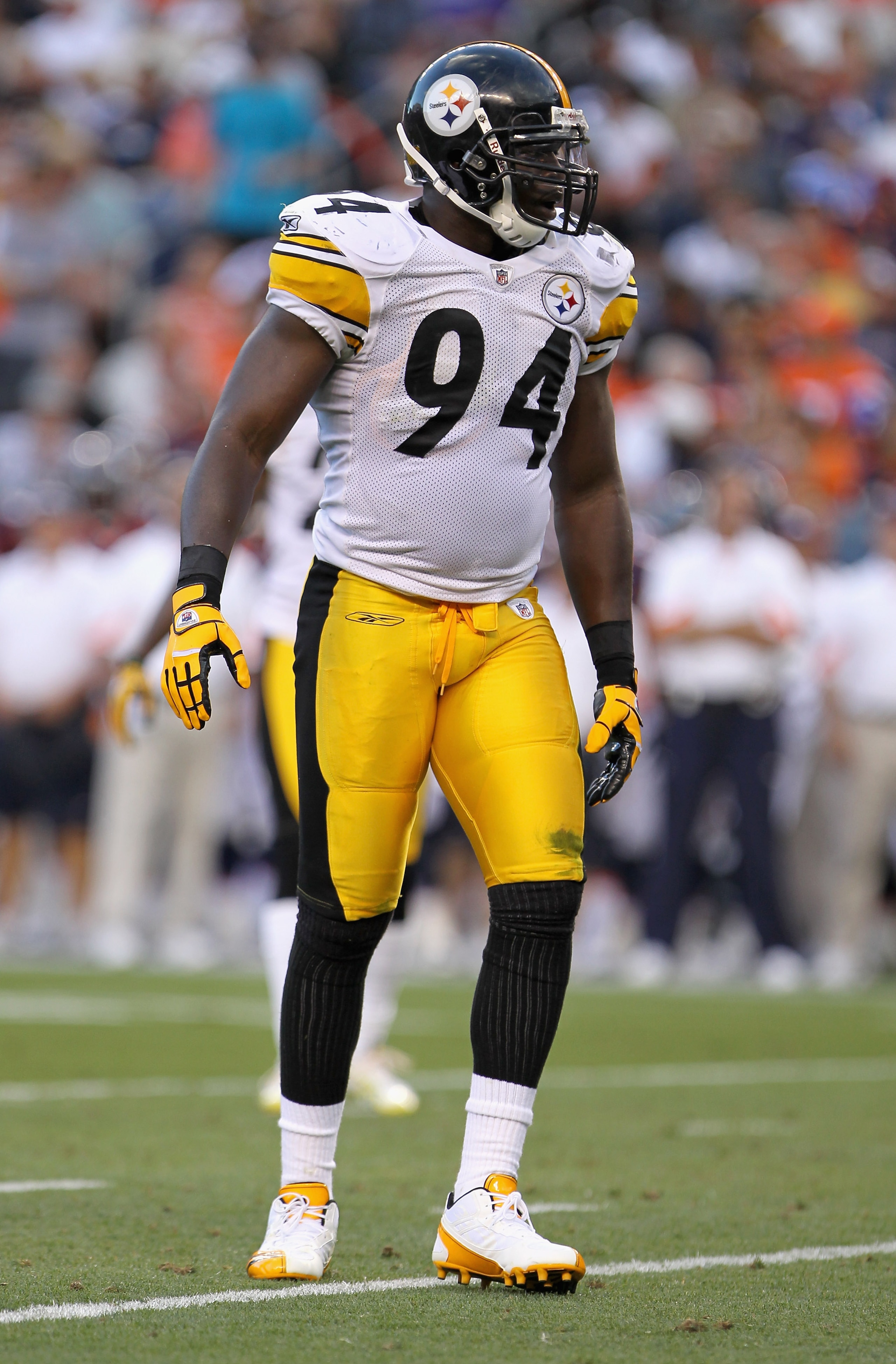 DENVER - AUGUST 29:  Linebacker Lawrence Timmons #94 of the Pittsburgh Steelers defends against the Denver Broncos during preseason NFL action at INVESCO Field at Mile High on August 29, 2010 in Denver, Colorado. The Broncos defeated the Steelers 34-17.