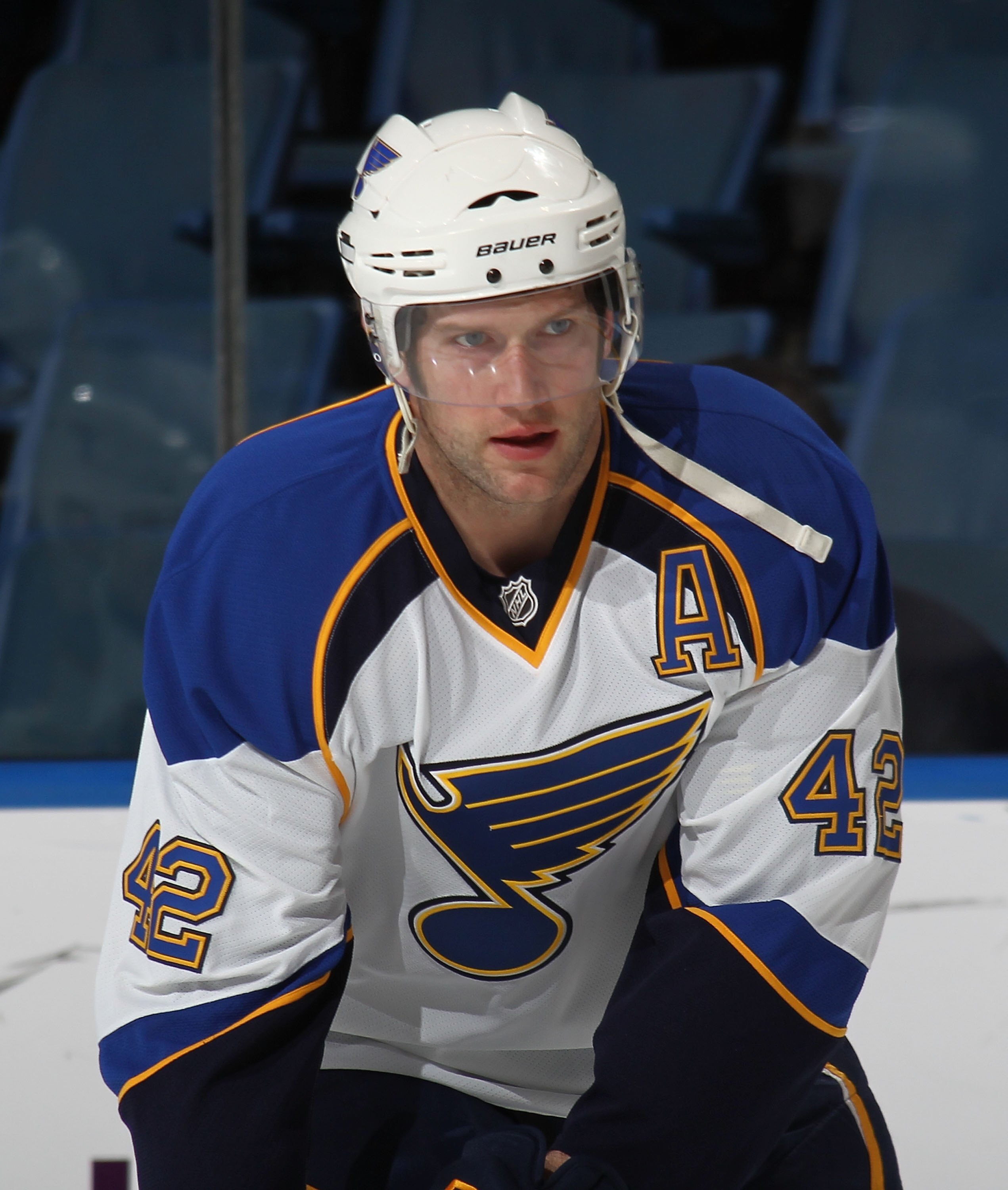UNIONDALE, NY - MARCH 11:  David Backes #42 of the St. Louis Blues skates against the New York Islanders at the Nassau Coliseum on March 11, 2010 in Uniondale, New York.  (Photo by Bruce Bennett/Getty Images)