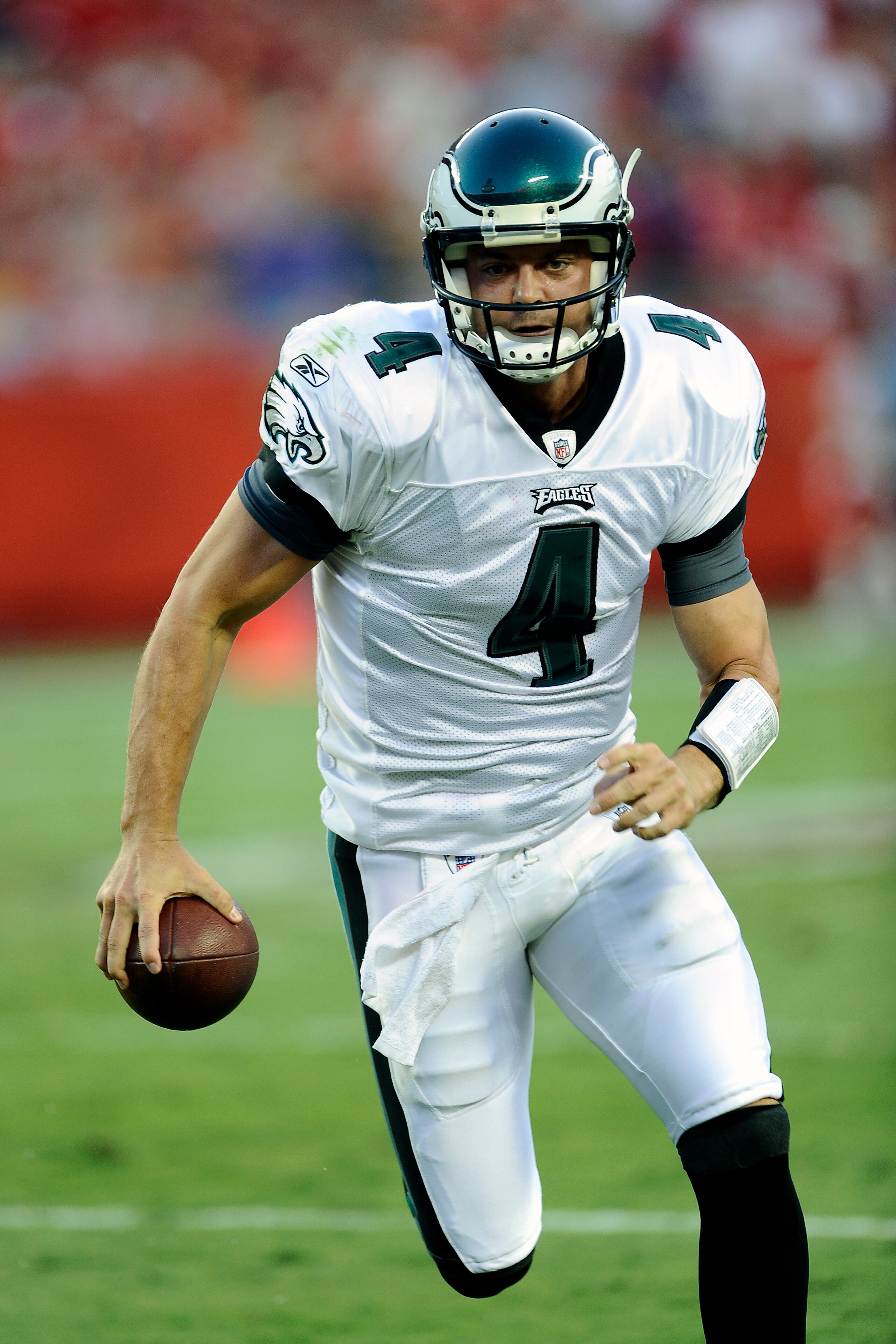 KANSAS CITY, MO - AUGUST 27: Kevin Kolb #4 of the Philadelphia Eagles runs for yardage during a preseason game against the Kansas City Chiefs at Arrowhead Stadium on August 27, 2010 in Kansas City, Missouri.  (Photo by G. Newman Lowrance/Getty Images)