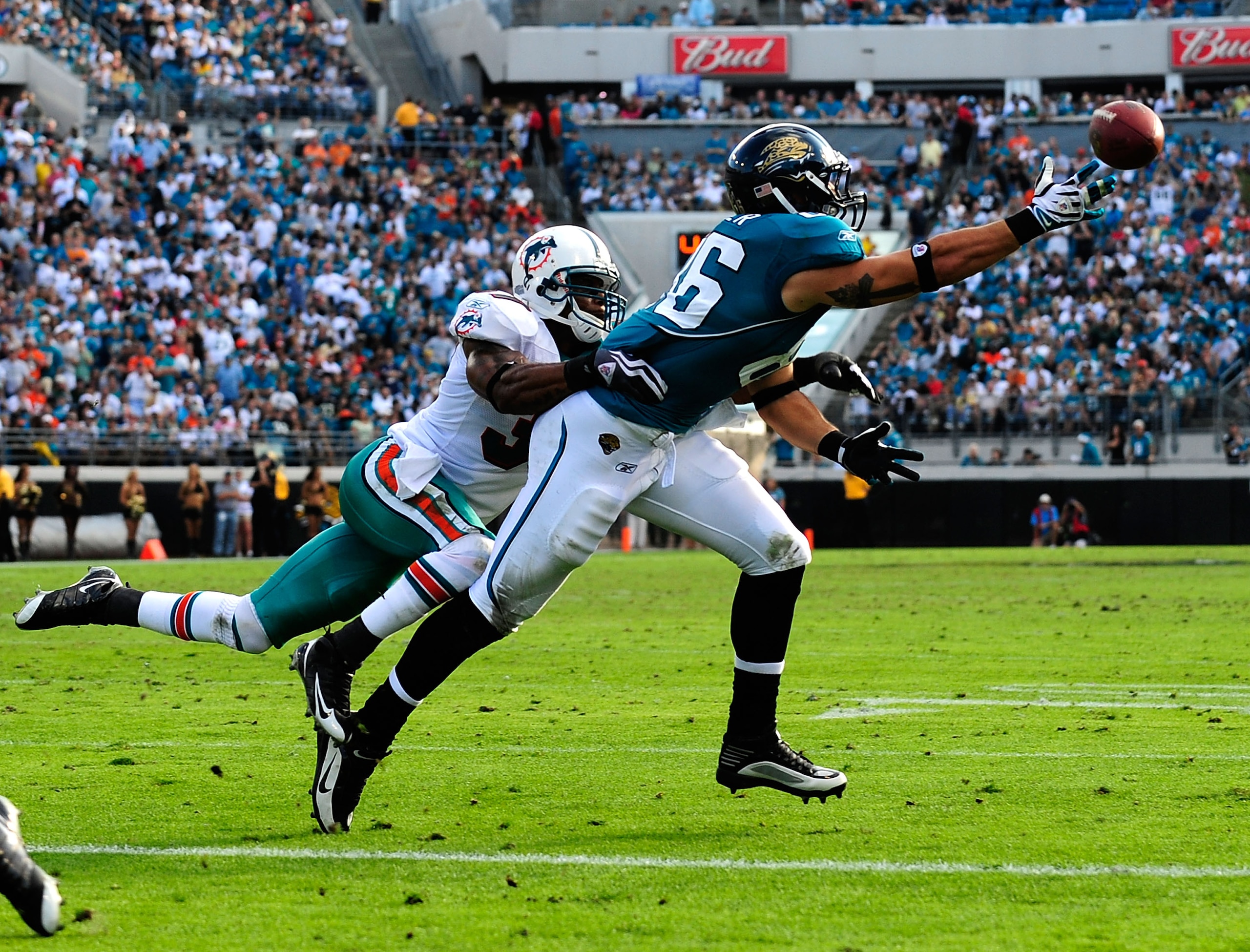 JACKSONVILLE, FL - DECEMBER 13:  Zach Miller #86 of the Jacksonville Jaguars attempts to catch a pass against Yeremiah Bell #37 of the Miami Dolphins during the game at Jacksonville Municipal Stadium on December 13, 2009 in Jacksonville, Florida.  The Dol
