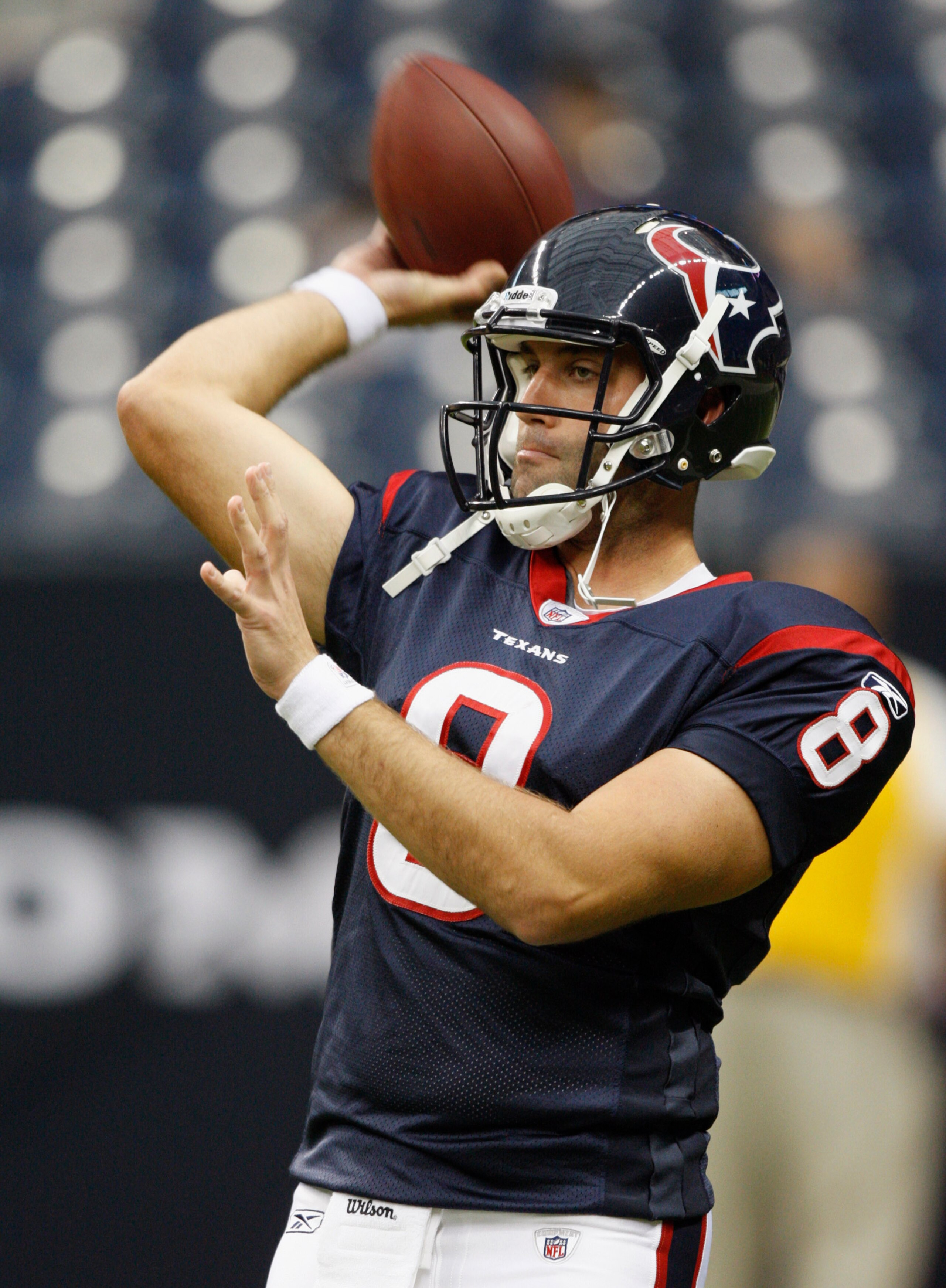 HOUSTON - SEPTEMBER 02:  Quarterback Matt Schaub #8 of the Houston Texans warms up before a preseason game against the Tampa Bay Buccaneers at Reliant Stadium on September 2, 2010 in Houston, Texas.  (Photo by Bob Levey/Getty Images)