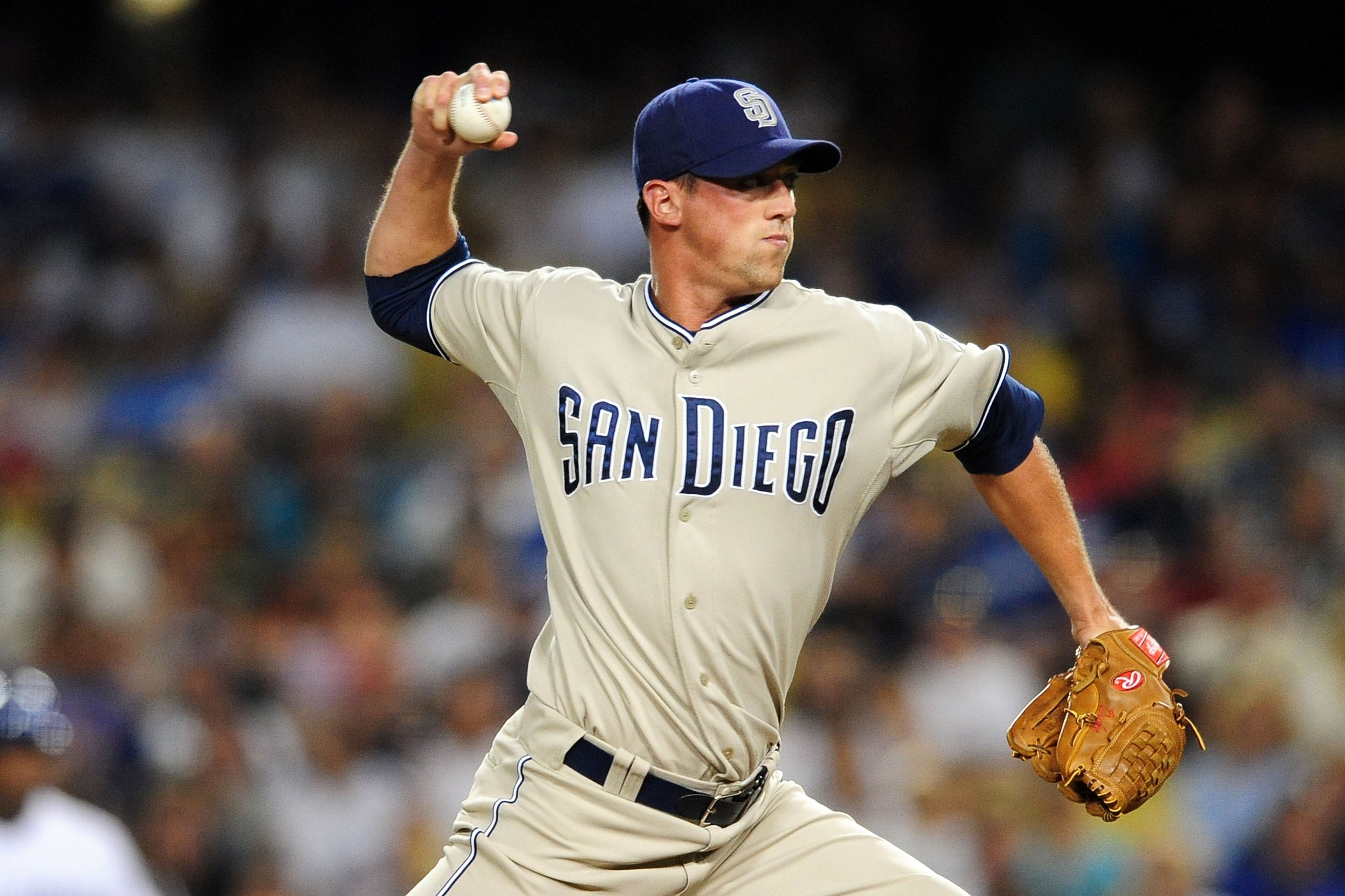 LOS ANGELES, CA - SEPTEMBER 04: Luke  Gregerson #57 of the San Diego Padres pitches against the Los Angeles Dodgers on September 4, 2009 at Dodger Stadium in Los Angeles, California. (Photo by Jacob de Golish/Getty Images)