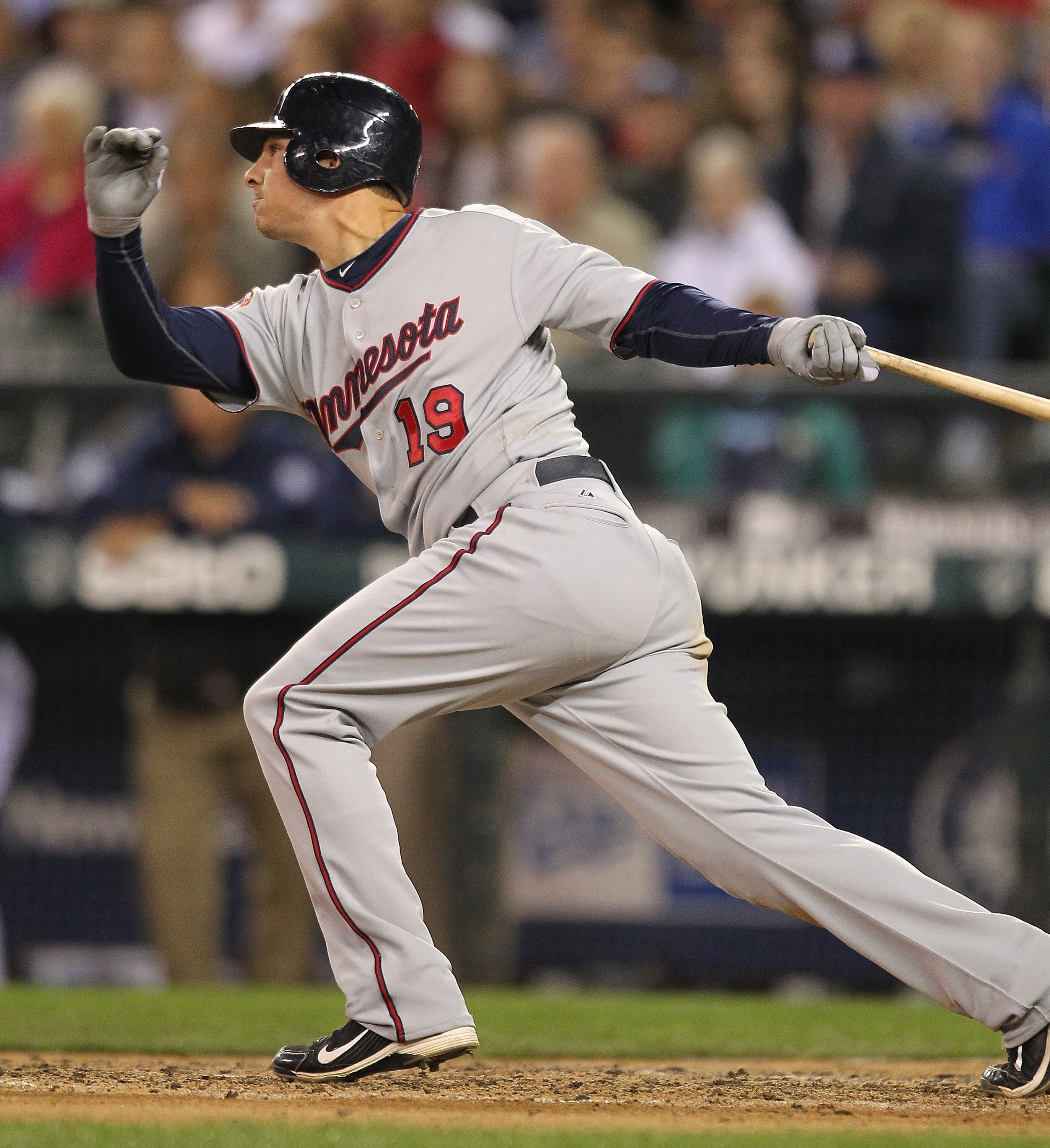 SEATTLE - AUGUST 27:  Danny Valencia #19 of the Minnesota Twins hits a two RBI triple against the Seattle Mariners at Safeco Field on August 27, 2010 in Seattle, Washington. (Photo by Otto Greule Jr/Getty Images)