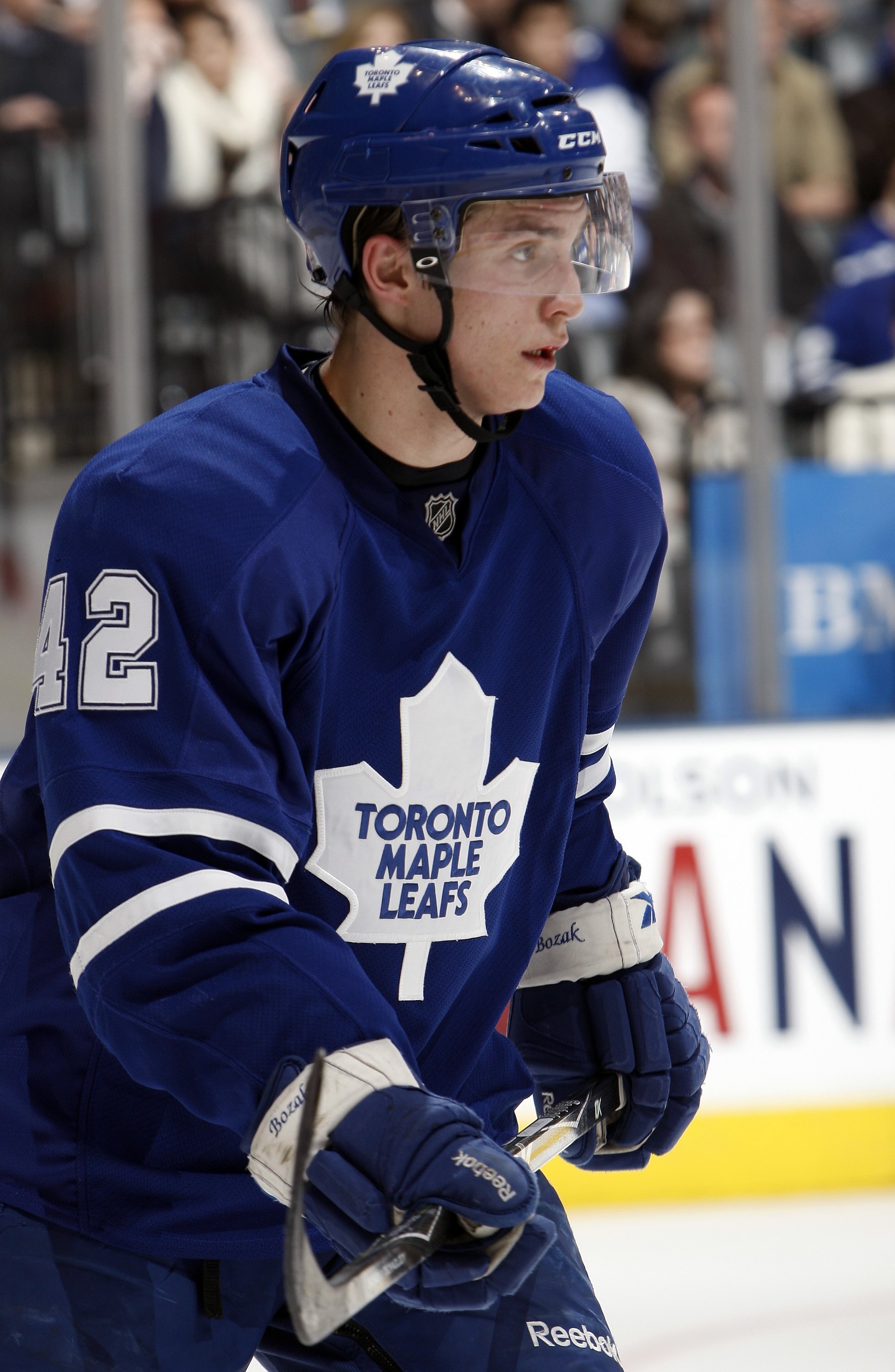 TORONTO - APRIL 6: Tyler Bozak #42 of the Toronto Maple Leafs skates up the ice during a NHL game against the Philadelphia Flyers at the Air Canada Centre on April 6, 2010 in Toronto, Ontario, Canada. (Photo by Abelimages/Getty Images)