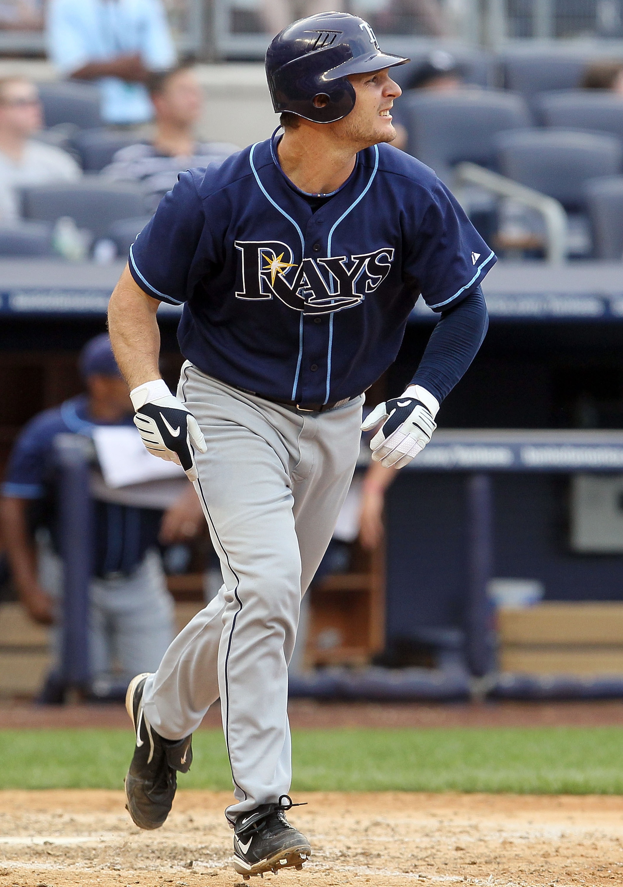 NEW YORK - JULY 17:  John Jaso #28 of the Tampa Bay Rays bats against the New York Yankees on July 17, 2010 at Yankee Stadium in the Bronx borough of New York City.  (Photo by Jim McIsaac/Getty Images)