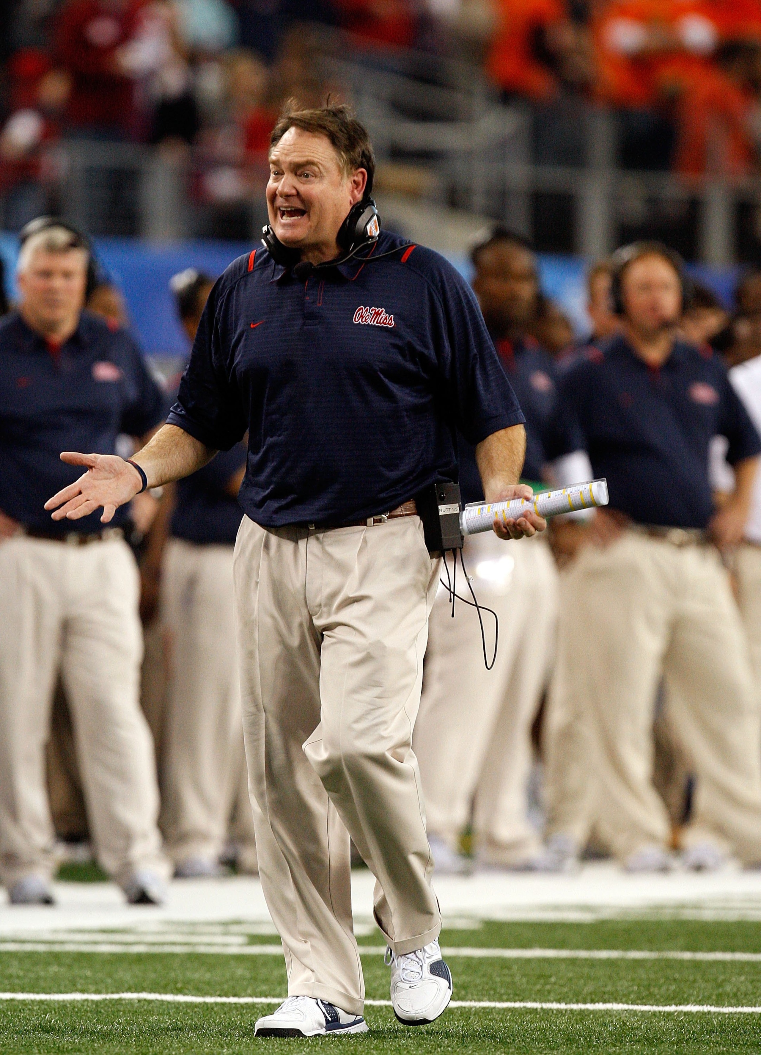 ARLINGTON, TX - JANUARY 02: Head coach Houston Nutt of the Mississippi Rebels during the AT&T Cotton Bowl on January 2, 2010 at Cowboys Stadium in Arlington, Texas. (Photo by Ronald Martinez/Getty Images) ARLINGTON, TX - JANUARY 02: Head coach Houston Nutt of the Mississippi Rebels during the AT&T Cotton Bowl on January 2, 2010 at Cowboys Stadium in Arlington, Texas. (Photo by Ronald Martinez/Getty Images)