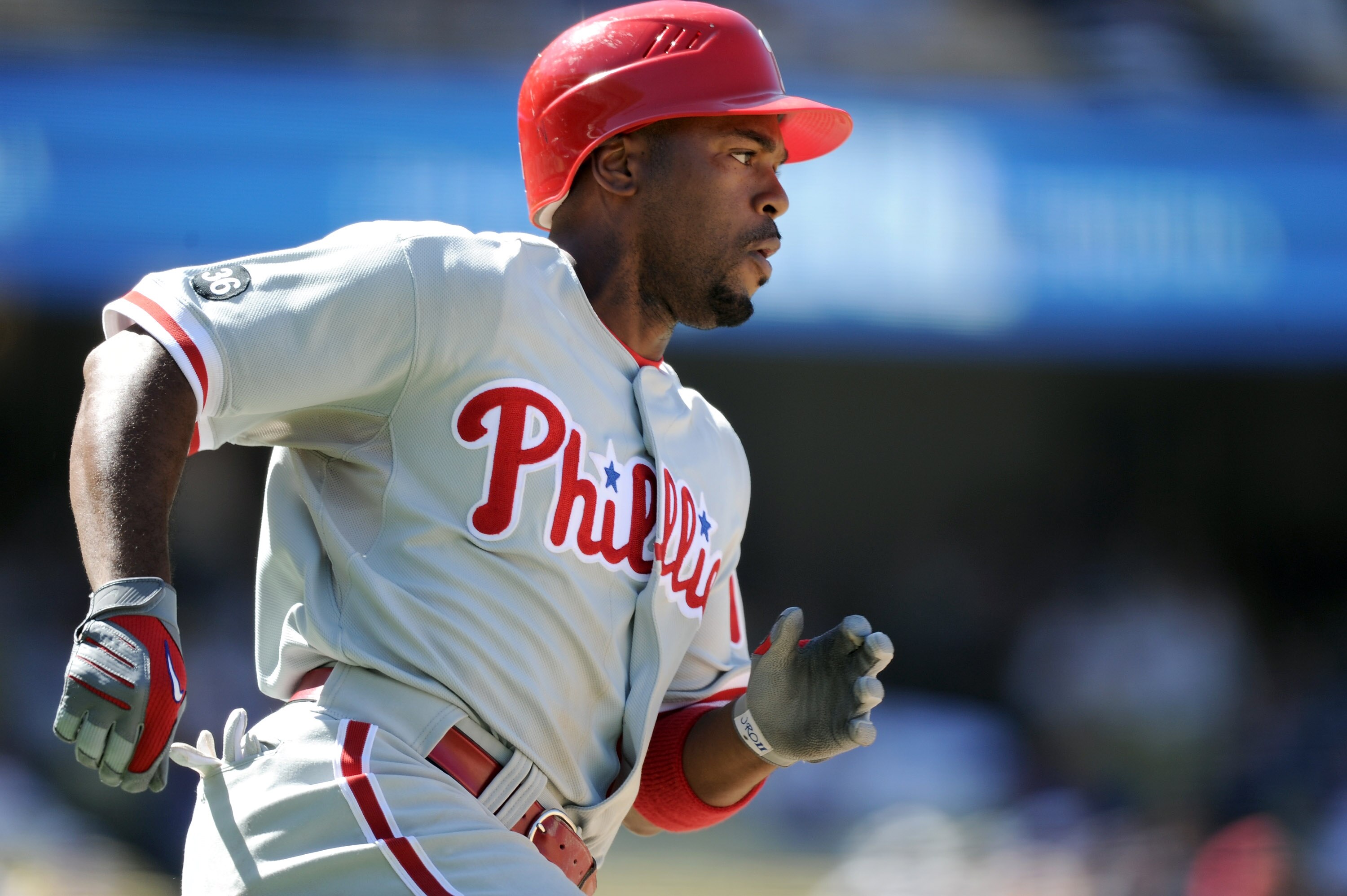 LOS ANGELES, CA - SEPTEMBER 01:  Jimmy Rollins #11 of the Philadelphia Phillies heads to second base for a double against the Los Angeles Dodgers at Dodger Stadium on September 1, 2010 in Los Angeles, California.  (Photo by Harry How/Getty Images)