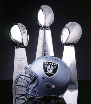 Lombardi trophies from Super Bowls XI, XV, and XVIII Lombardi trophies from Super Bowls XI, XV, and XVIII