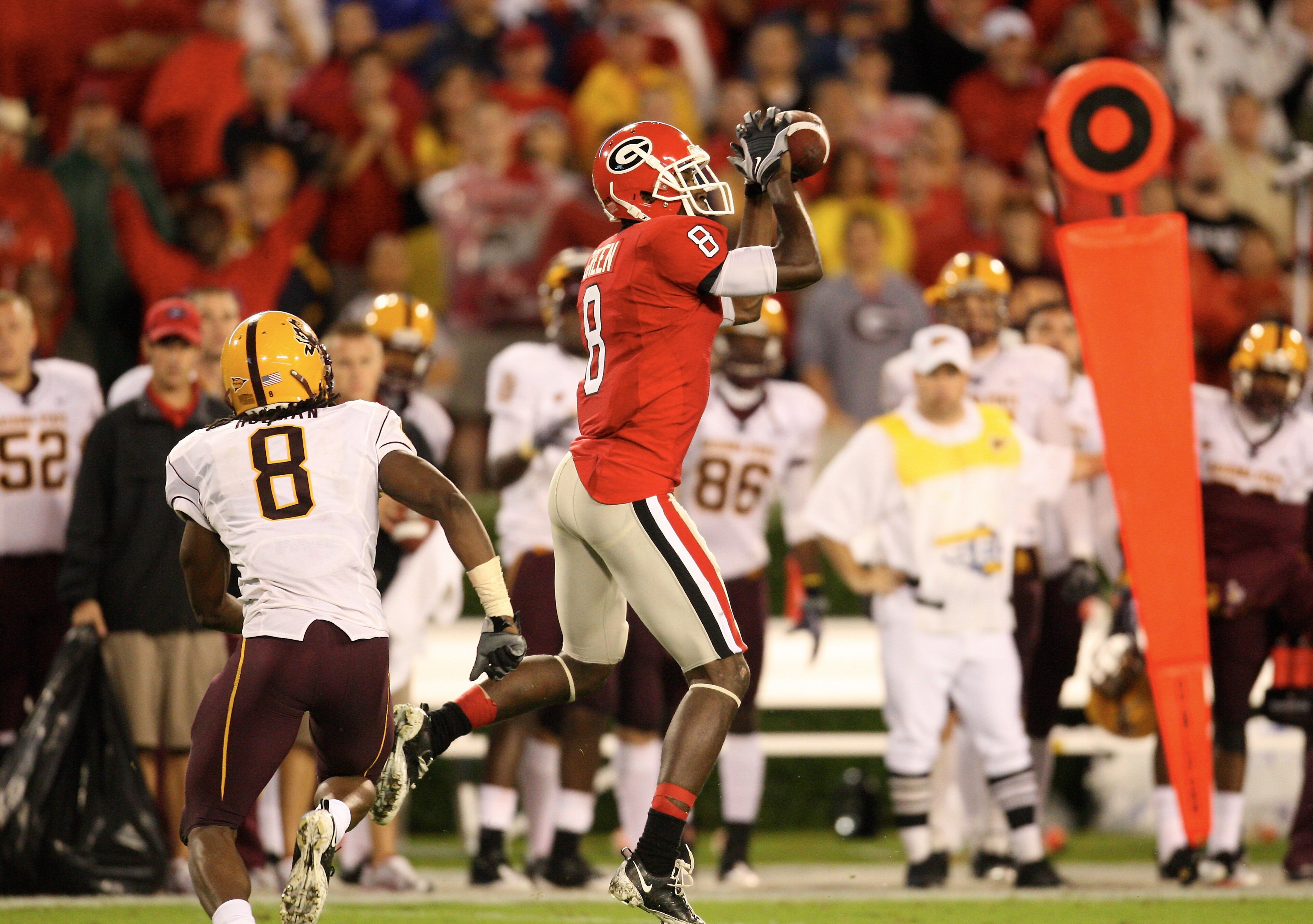 ATHENS, GA - SEPTEMBER 26: A. J. Green #8 of the Georgia Bulldogs makes a catch against the Arizona State Sun Devils at Sanford Stadium on September 26, 2009 in Athens, Georgia. (Photo by Scott Cunningham/Getty Images) ATHENS, GA - SEPTEMBER 26: A. J. Green #8 of the Georgia Bulldogs makes a catch against the Arizona State Sun Devils at Sanford Stadium on September 26, 2009 in Athens, Georgia. (Photo by Scott Cunningham/Getty Images)