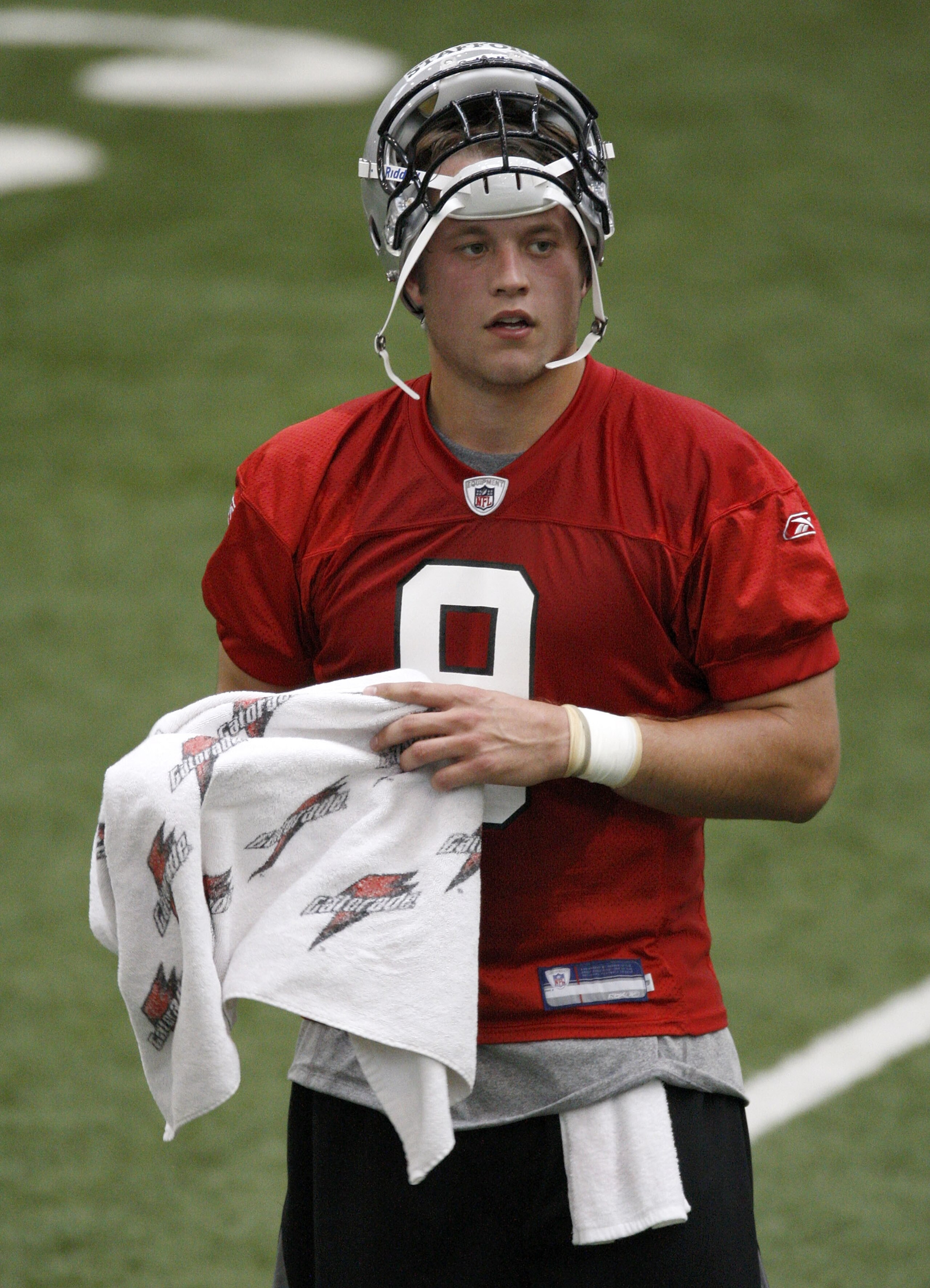 ALLEN PARK, MI - MAY 01:  Matt Stafford #9 of the Detroit Lions looks on during rookie orientation camp at the Detroit Lions Headquarters and Training Facility on May 1, 2009 in Allen Park, Michigan.  (Photo by Gregory Shamus/Getty Images)