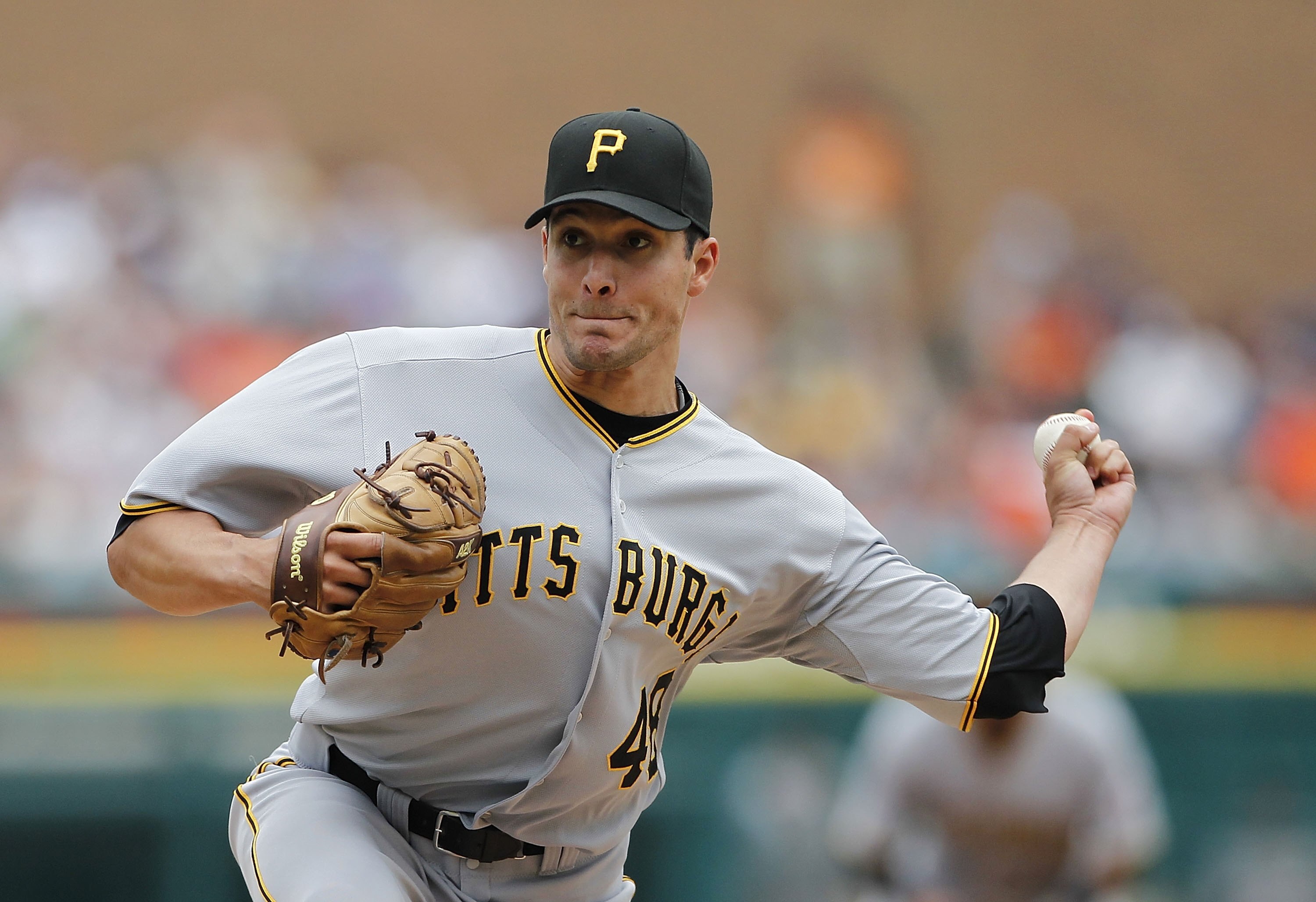 DETROIT - JUNE 13:  Javier Lopez #48 of the Pittsburgh Pirates pitches in the eight inning against the Detroit Tigers during the game on June 12, 2010 at Comerica Park in Detroit, Michigan. The Tigers defeated the Pirates 4-3.  (Photo by Leon Halip/Getty