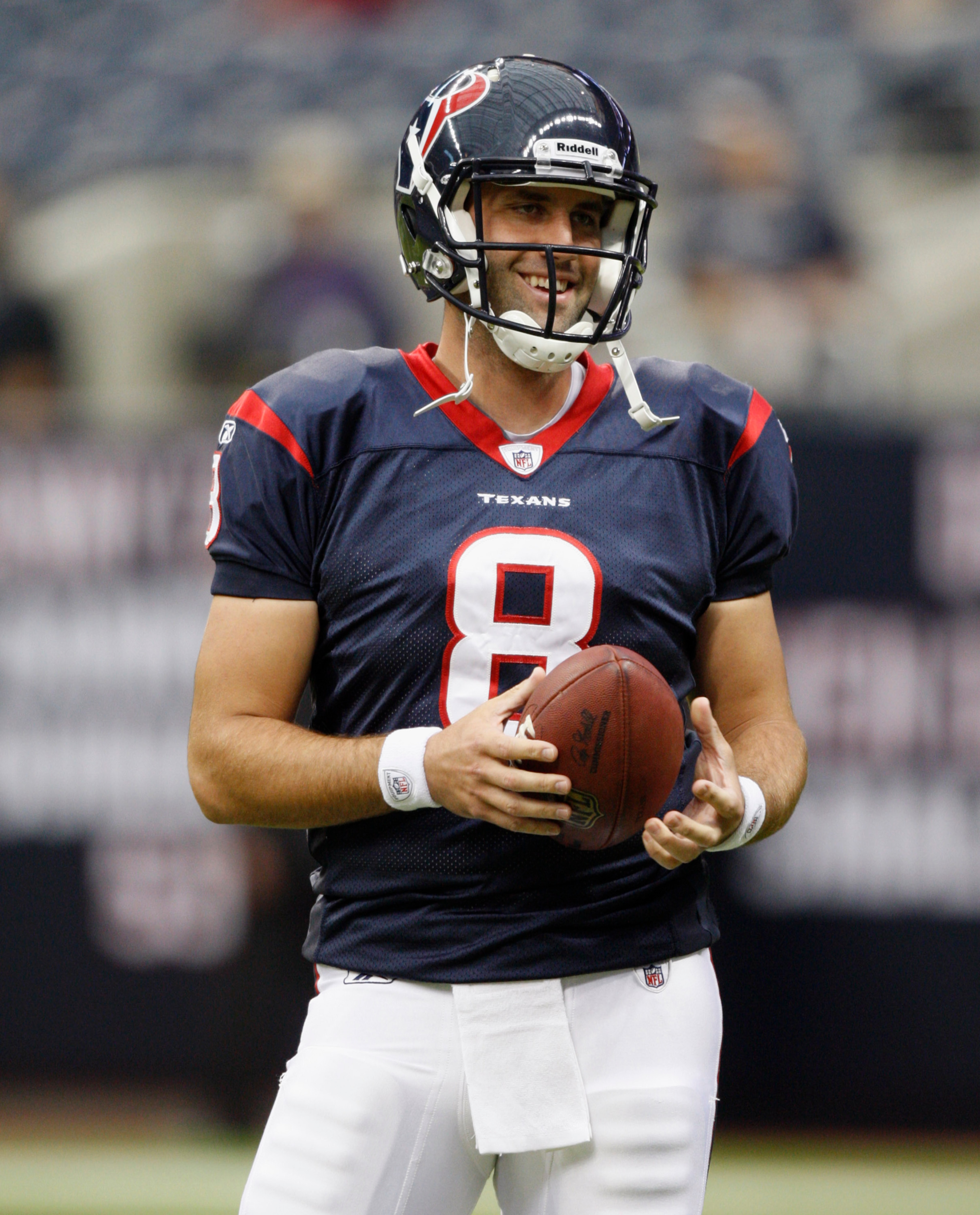 HOUSTON - SEPTEMBER 02:  Quarterback Matt Schaub #8 of the Houston Texans warms up before a preseason game against the Tampa Bay Buccaneers at Reliant Stadium on September 2, 2010 in Houston, Texas.  (Photo by Bob Levey/Getty Images)