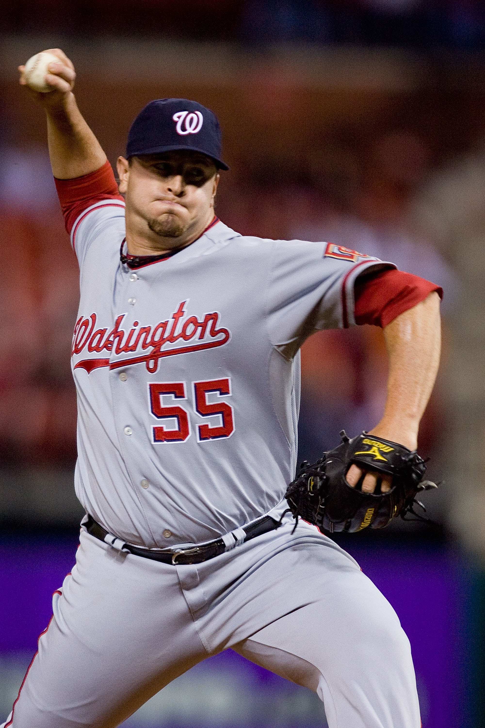 ST. LOUIS - MAY 17:  Relief pitcher Matt Capps #55 of the Washington Nationals throws against the St. Louis Cardinals at Busch Stadium on May 17, 2010 in St. Louis, Missouri.  The Cardinals defeated the Nationals 6-2.  (Photo by Dilip Vishwanat/Getty Imag