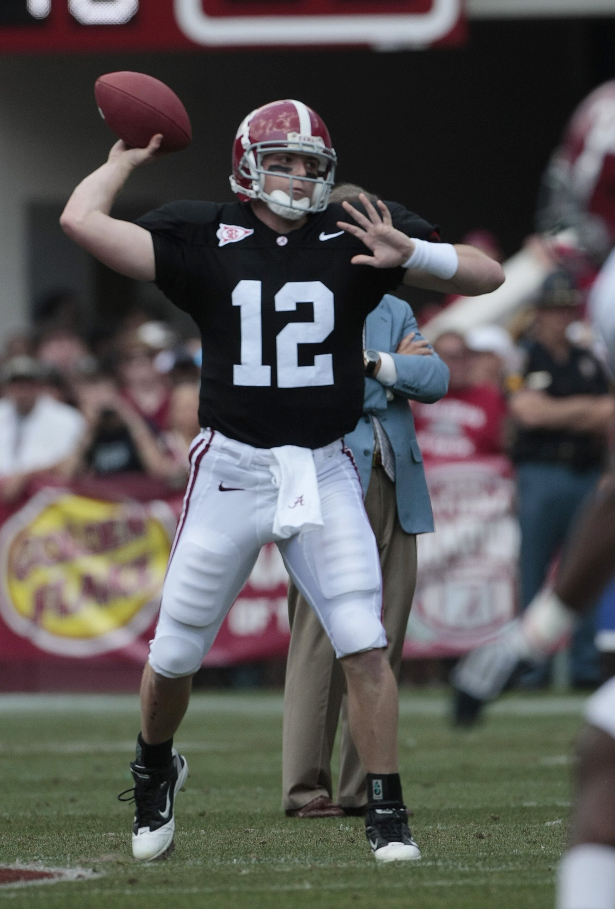TUSCALOOSA, AL - APRIL 17: Quarterback Greg McElroy (12) of the University of Alabama looks for a receiver during the Alabama spring game at Bryant Denny Stadium on April 17, 2010 in Tuscaloosa, Alabama. (Photo by Dave Martin/Getty Images) TUSCALOOSA, AL - APRIL 17: Quarterback Greg McElroy (12) of the University of Alabama looks for a receiver during the Alabama spring game at Bryant Denny Stadium on April 17, 2010 in Tuscaloosa, Alabama. (Photo by Dave Martin/Getty Images)