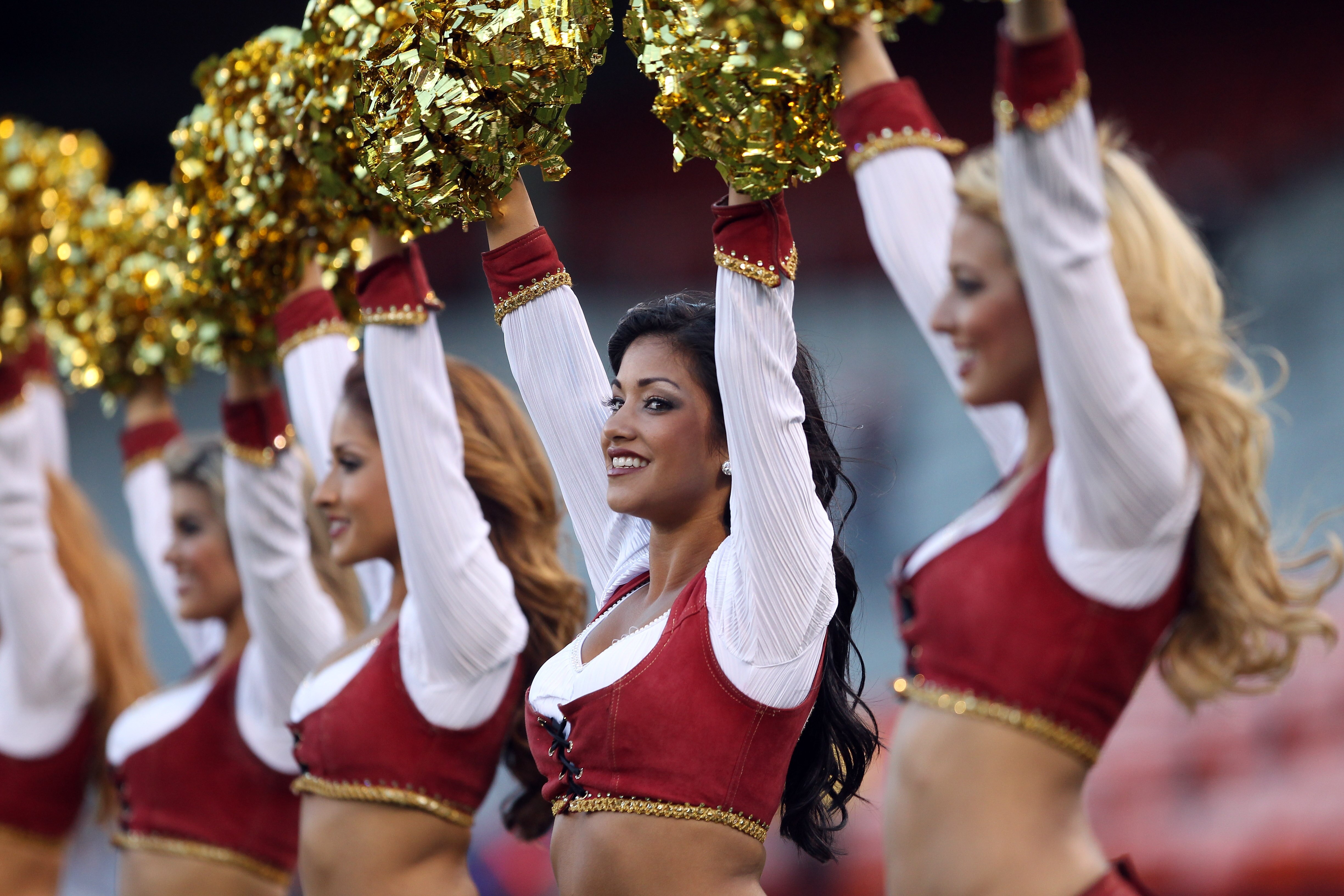 SAN FRANCISCO - SEPTEMBER 02: The San Francisco 49ers' Gold Rush cheerleaders cheer during their game against the San Diego Chargers at Candlestick Park on September 2, 2010 in San Francisco, California. (Photo by Ezra Shaw/Getty Images) SAN FRANCISCO - SEPTEMBER 02: The San Francisco 49ers' Gold Rush cheerleaders cheer during their game against the San Diego Chargers at Candlestick Park on September 2, 2010 in San Francisco, California. (Photo by Ezra Shaw/Getty Images)
