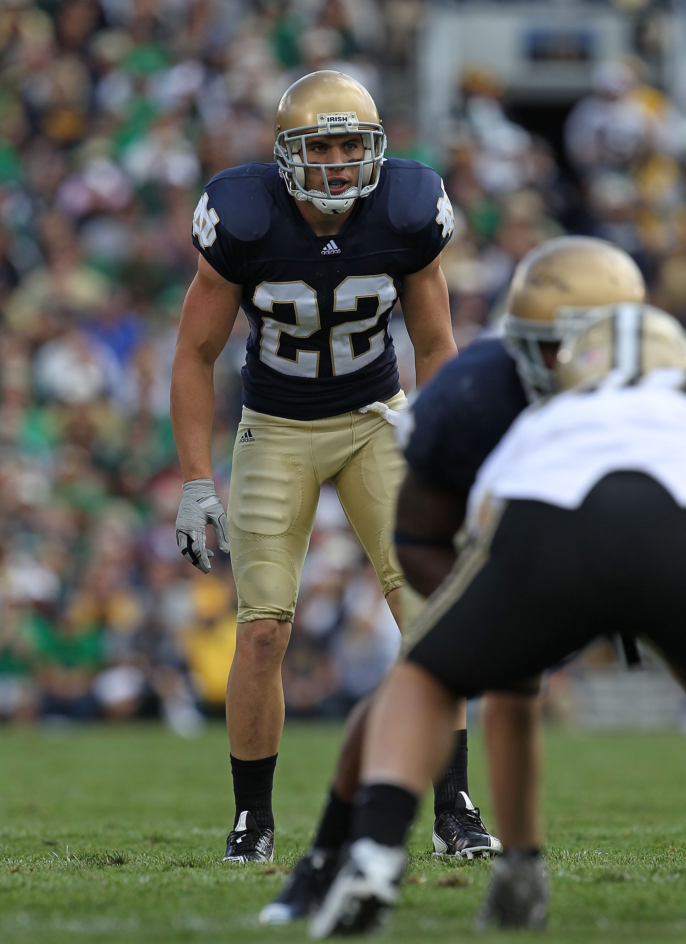 SOUTH BEND, IN - SEPTEMBER 04: Harrison Smith #22 of the Notre Dame Fighting Irish awaits the start of play against the Purdue Boilermakers at Notre Dame Stadium on September 4, 2010 in South Bend, Indiana. Notre Dame defeated Purdue 23-12. (Photo by Jona
