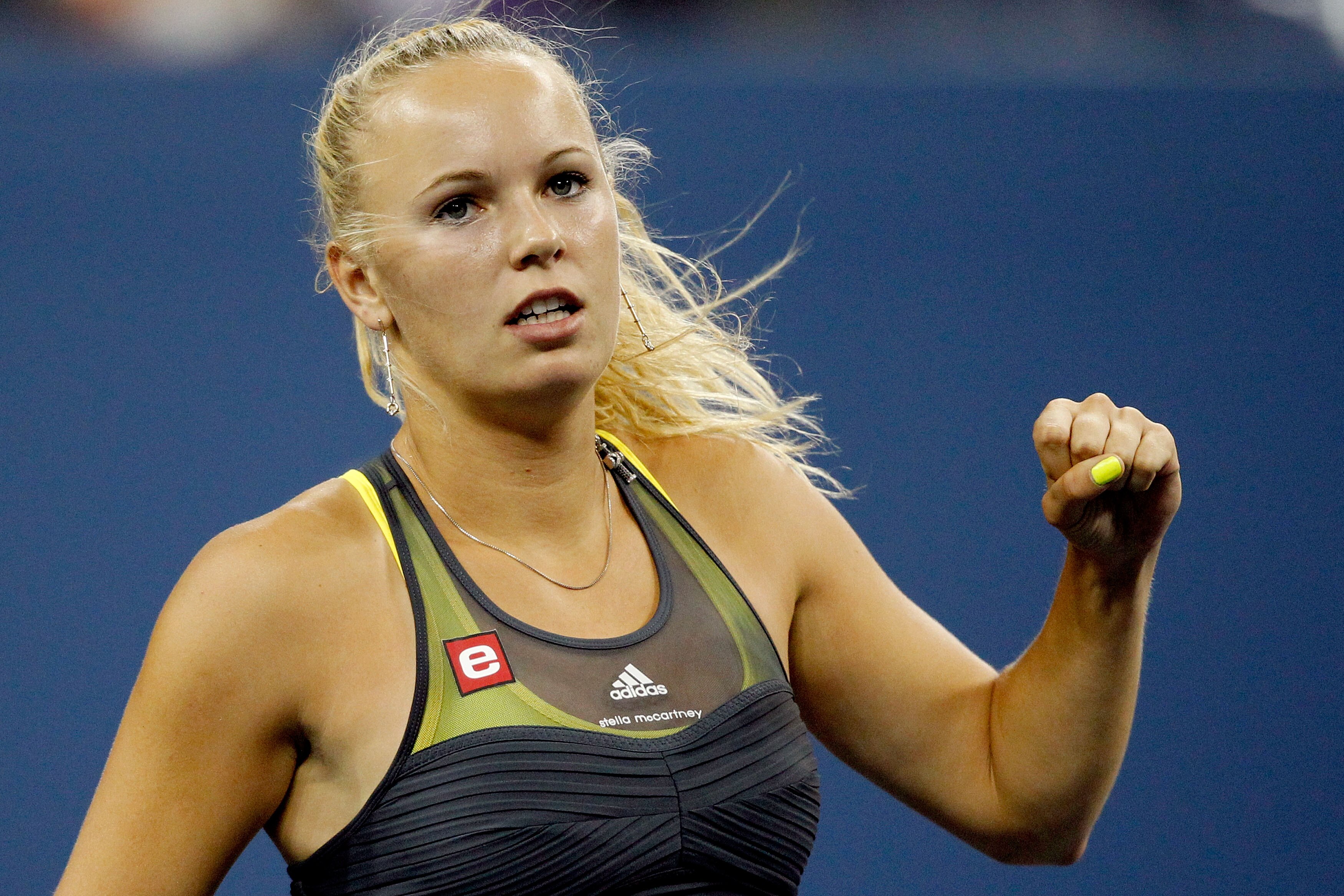 NEW YORK - SEPTEMBER 08:  Caroline Wozniacki of Denmark reacts against Dominika Cibulkova of Slovakia during her women's single quarterfinal match during day ten of the 2010 U.S. Open at the USTA Billie Jean King National Tennis Center on September 8, 201