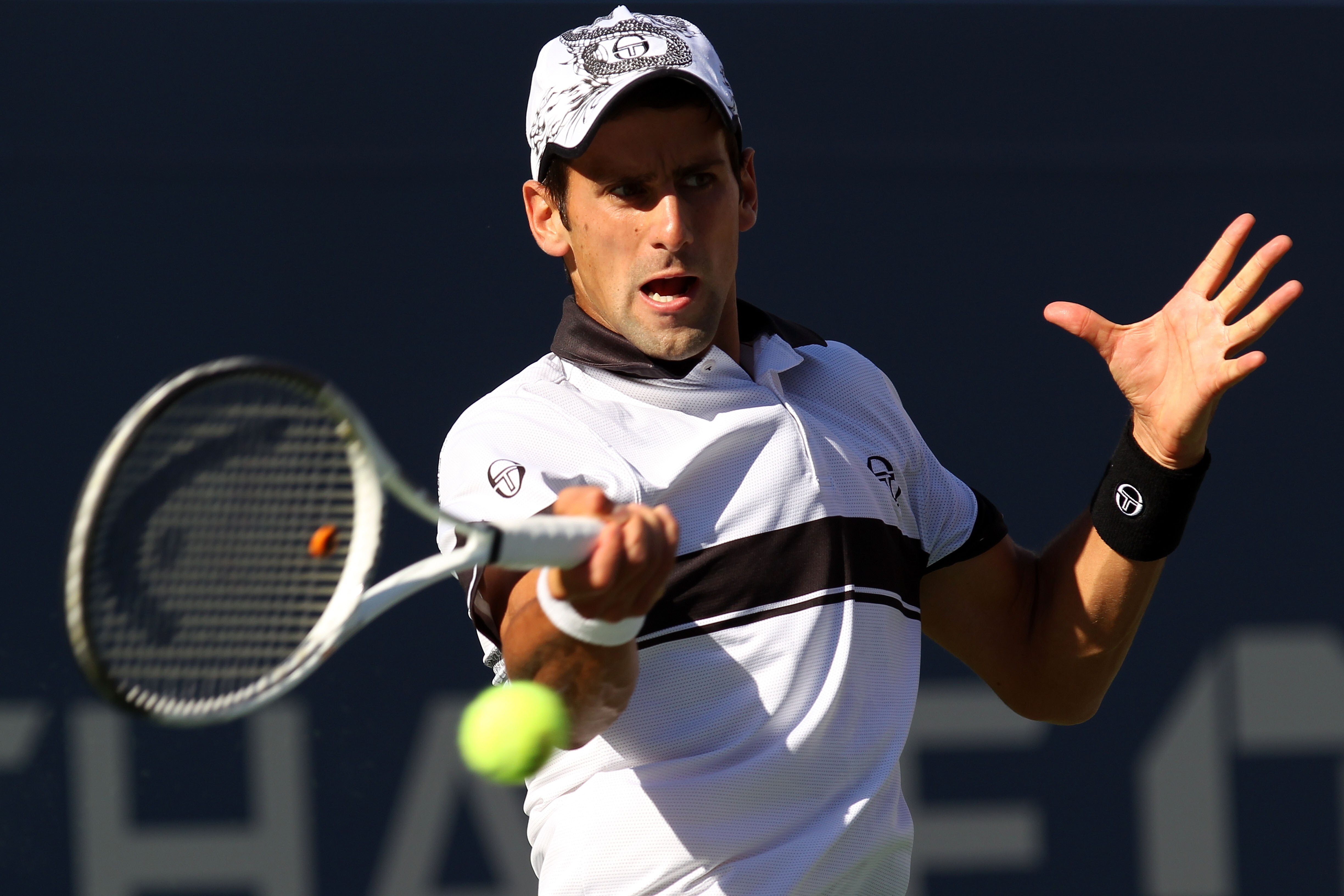 NEW YORK - SEPTEMBER 08:  Novak Djokovic of Serbia hits a return against Gael Monfils of France during his men's singles quarterfinal match on day ten of the 2010 U.S. Open at the USTA Billie Jean King National Tennis Center on September 8, 2010 in the Fl
