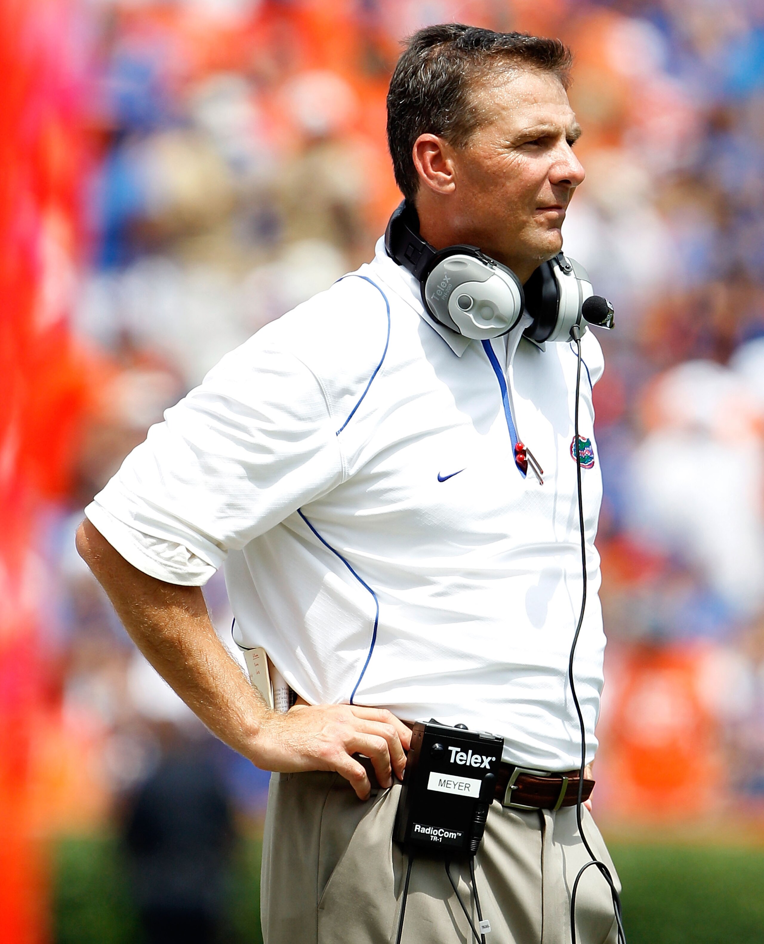 GAINESVILLE, FL - SEPTEMBER 04:  Head coach Urban Meyer of the Florida Gators watches the action against the Miami University RedHawks at Ben Hill Griffin Stadium on September 4, 2010 in Gainesville, Florida.  (Photo by Sam Greenwood/Getty Images)