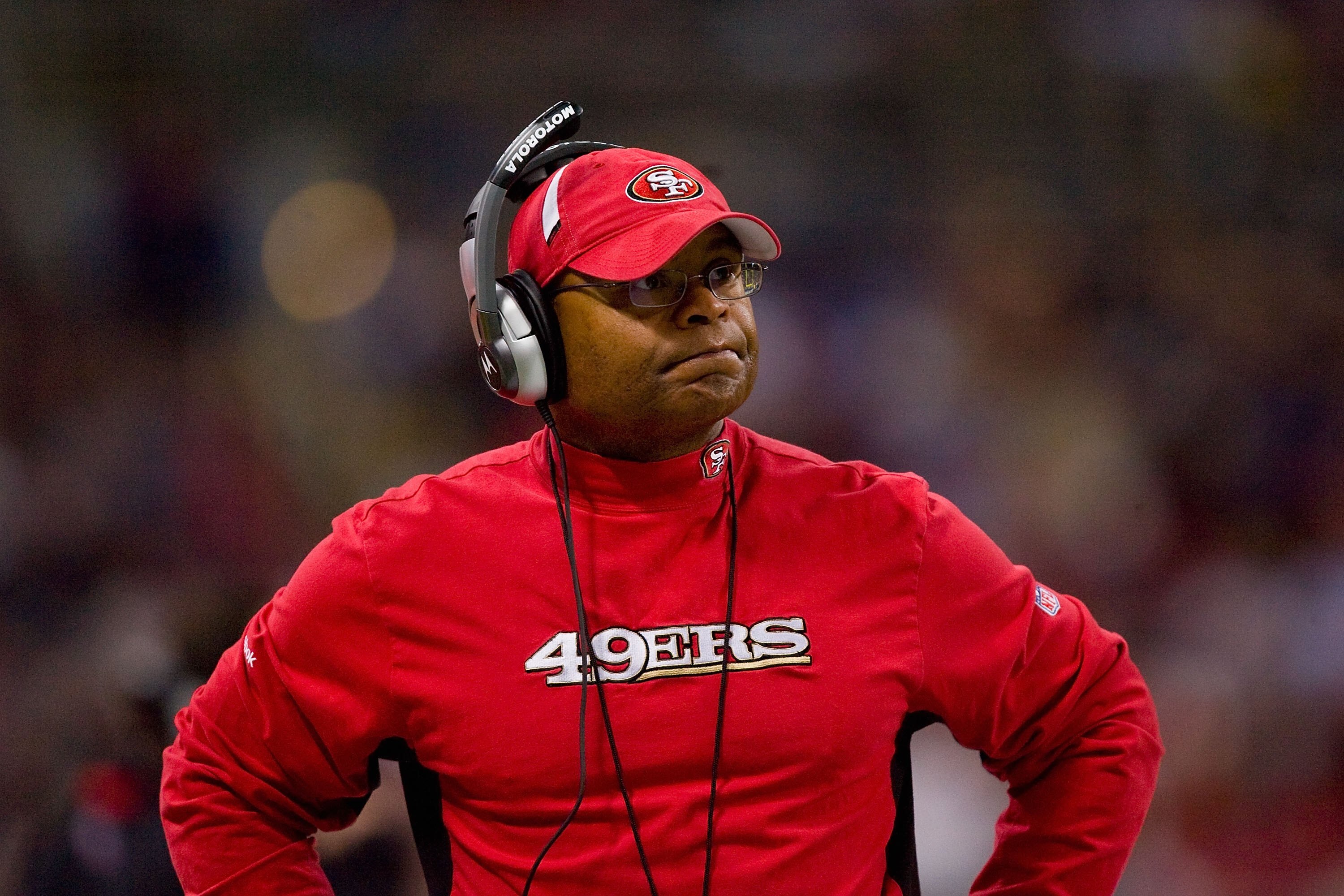 ST. LOUIS - JANUARY 3:  Head coach Mike Singletary of the San Francisco 49ers watches on the sidelines during the game against the St. Louis Rams at the Edward Jones Dome on January 3, 2010 in St. Louis, Missouri.  The 49ers beat the Rams 28-6.  (Photo by
