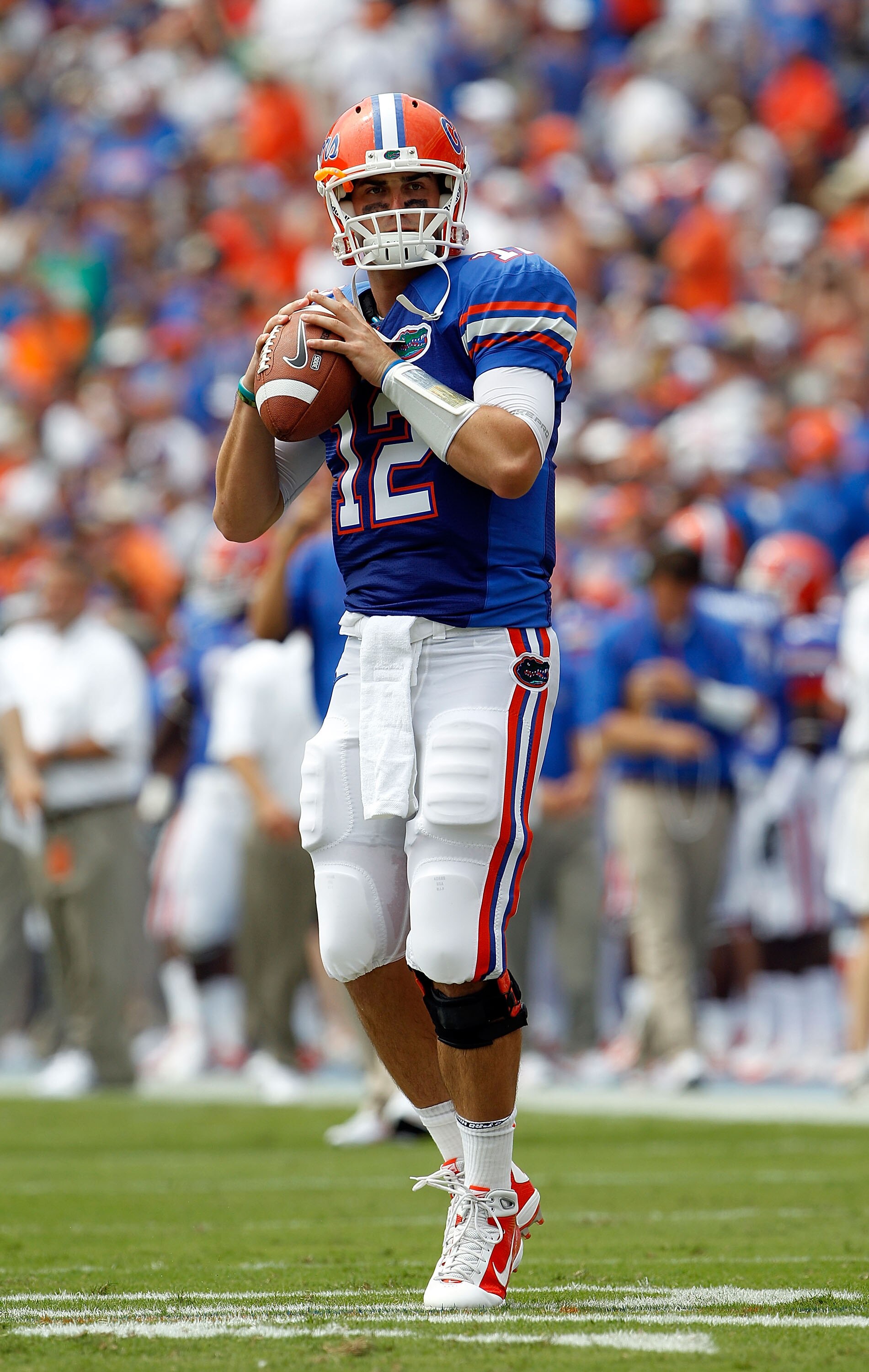 GAINESVILLE, FL - SEPTEMBER 04:  Quarterback John Brantley #12 of the Florida Gators attempts a pass prior to the game against the Miami University RedHawks at Ben Hill Griffin Stadium on September 4, 2010 in Gainesville, Florida.  (Photo by Sam Greenwood