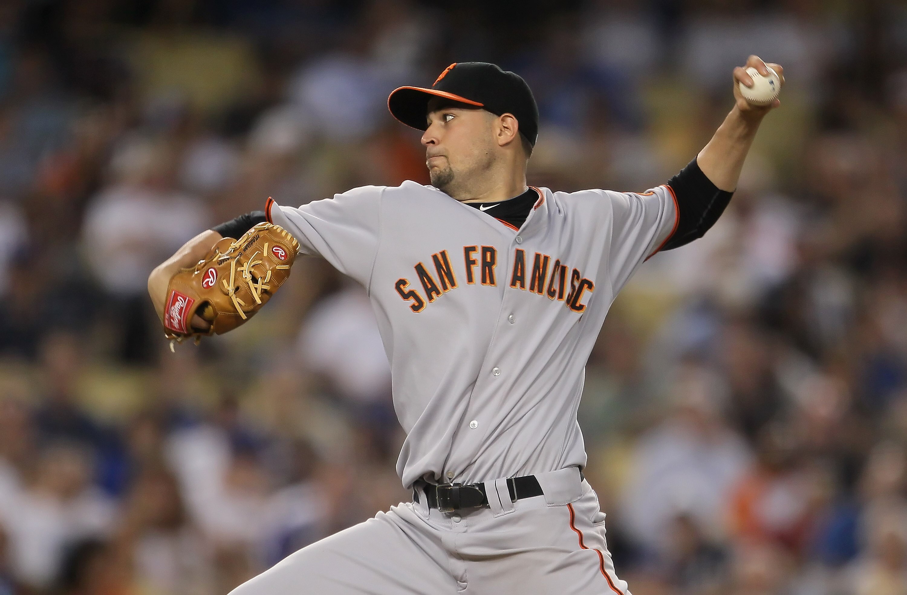 LOS ANGELES, CA - SEPTEMBER 05:  Jonathan Sanchez #57 of the San Francisco Giants pitches against the Los Angeles Dodgers in the seventh inning at Dodger Stadium on September 5, 2010 in Los Angeles, California. The Giants defeated the Dodgers 3-0.  (Photo