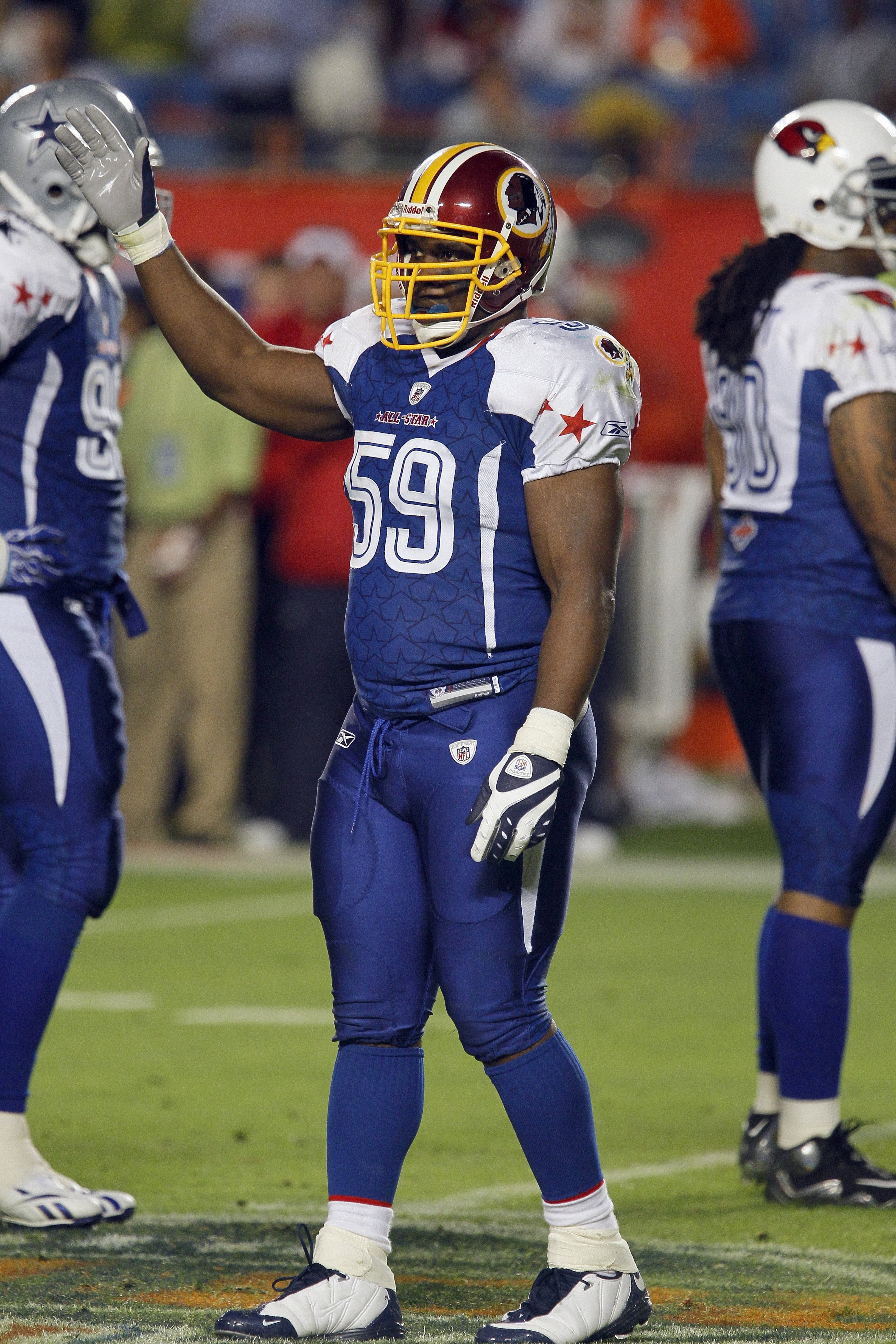 MIAMI GARDENS, FL - JANUARY 31:  London Fletcher #59 of the Washington Redskins looks on during the 2010 AFC-NFC Pro Bowl game at Sun Life Stadium on January 31, 2010 in Miami Gardens, Florida. The AFC defeated the NFC 41-34. (Photo by Scott Halleran/Gett