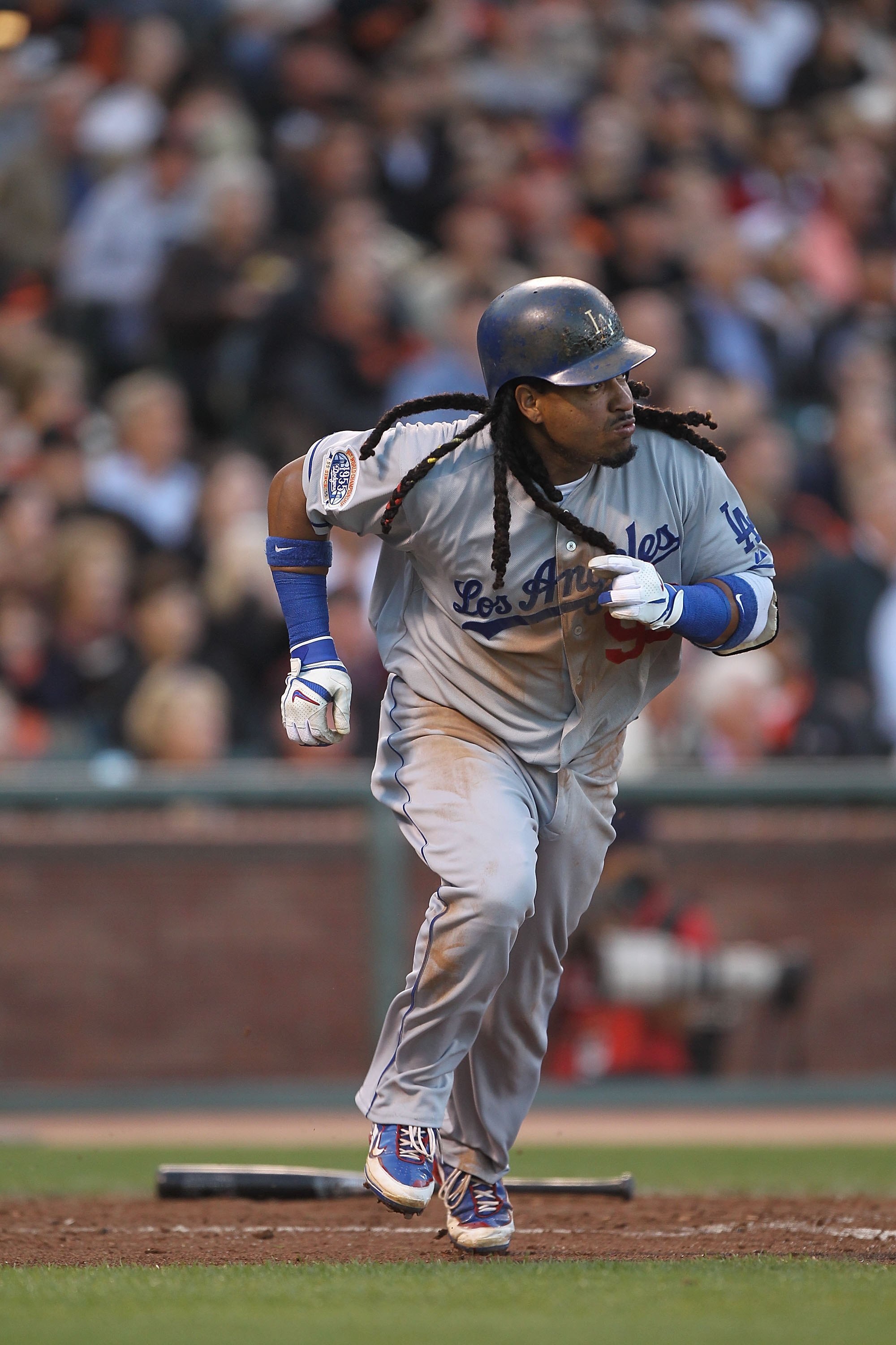 SAN FRANCISCO - JUNE 28:  Manny Ramirez #99  of the Los Angeles Dodgers in action against the San Francisco Giants during an MLB game at AT&T Park on June 28, 2010 in San Francisco, California.  (Photo by Jed Jacobsohn/Getty Images)