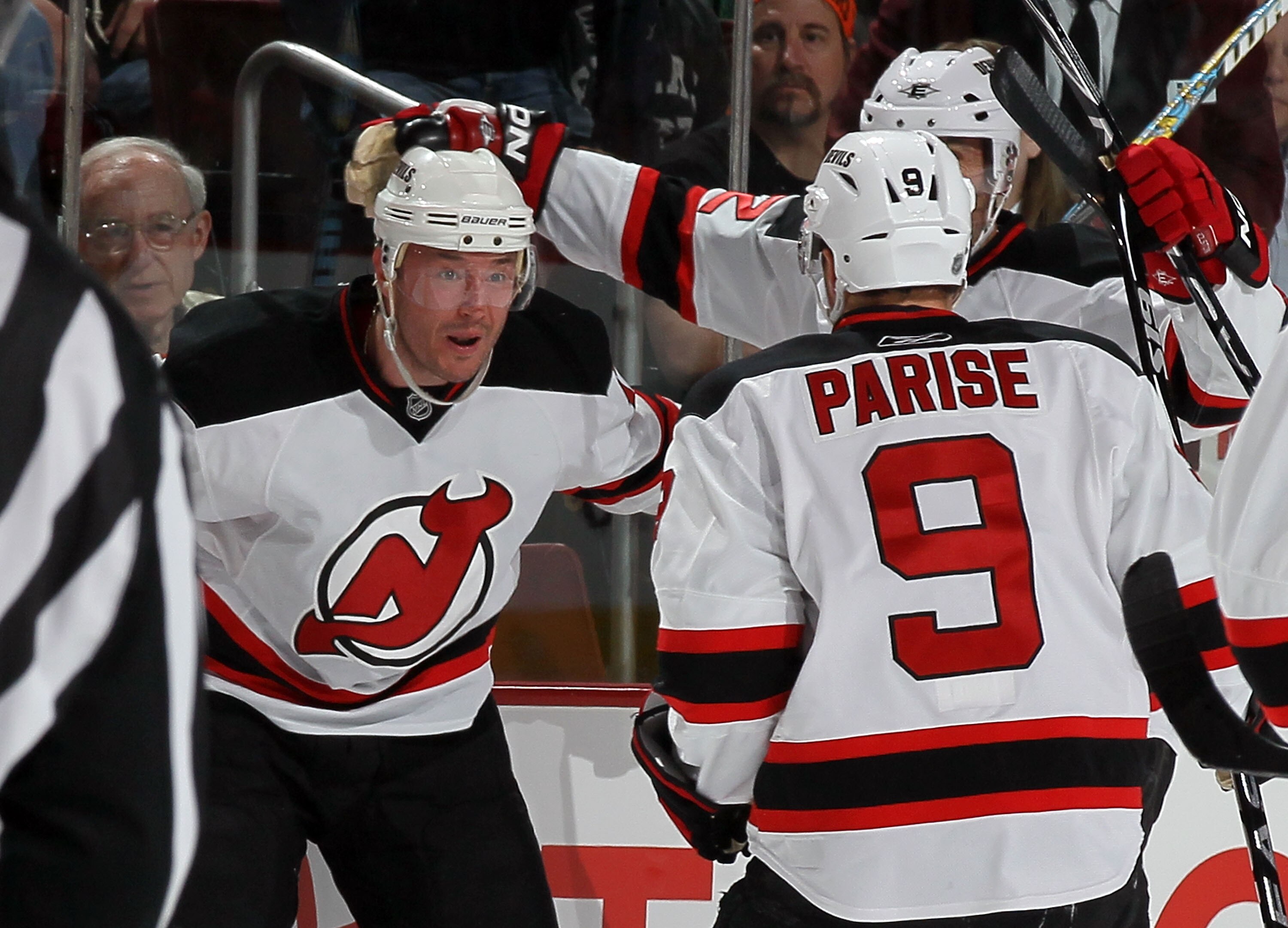 PHILADELPHIA - APRIL 20:  Ilya Kovalchuk #17 of the New Jersey Devils celebrates his first period goal against the Philadelphia Flyers with teammate Zach Parise #9 in Game Four of the Eastern Conference Quarterfinals during the 2010 NHL Stanley Cup Playof