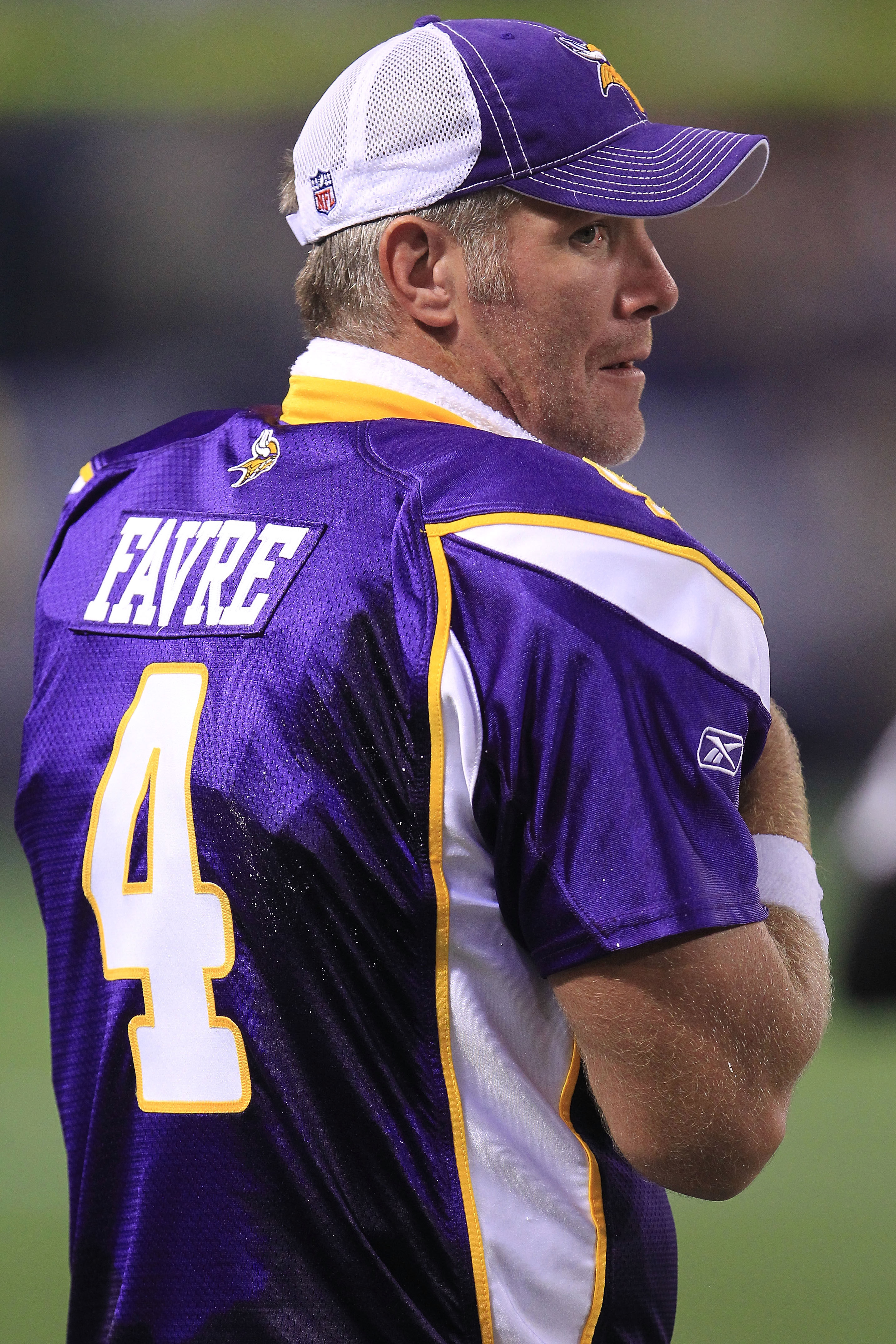 MINNEAPOLIS - AUGUST 28: Brett Favre #4 of the Minnesota Vikingswatches on from the sideline against the Seattle Seahawks during a preseason NFL game at Mall of America Field at the Hubert H. Humphrey Metrodome on August 28, 2010 in Minneapolis, Minneso MINNEAPOLIS - AUGUST 28: Brett Favre #4 of the Minnesota Vikingswatches on from the sideline against the Seattle Seahawks during a preseason NFL game at Mall of America Field at the Hubert H. Humphrey Metrodome on August 28, 2010 in Minneapolis, Minneso